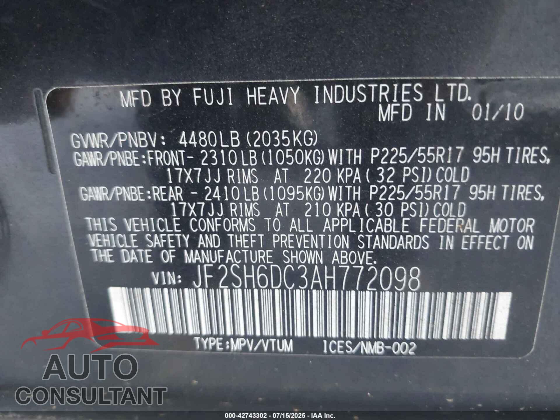 SUBARU FORESTER 2010 - JF2SH6DC3AH772098