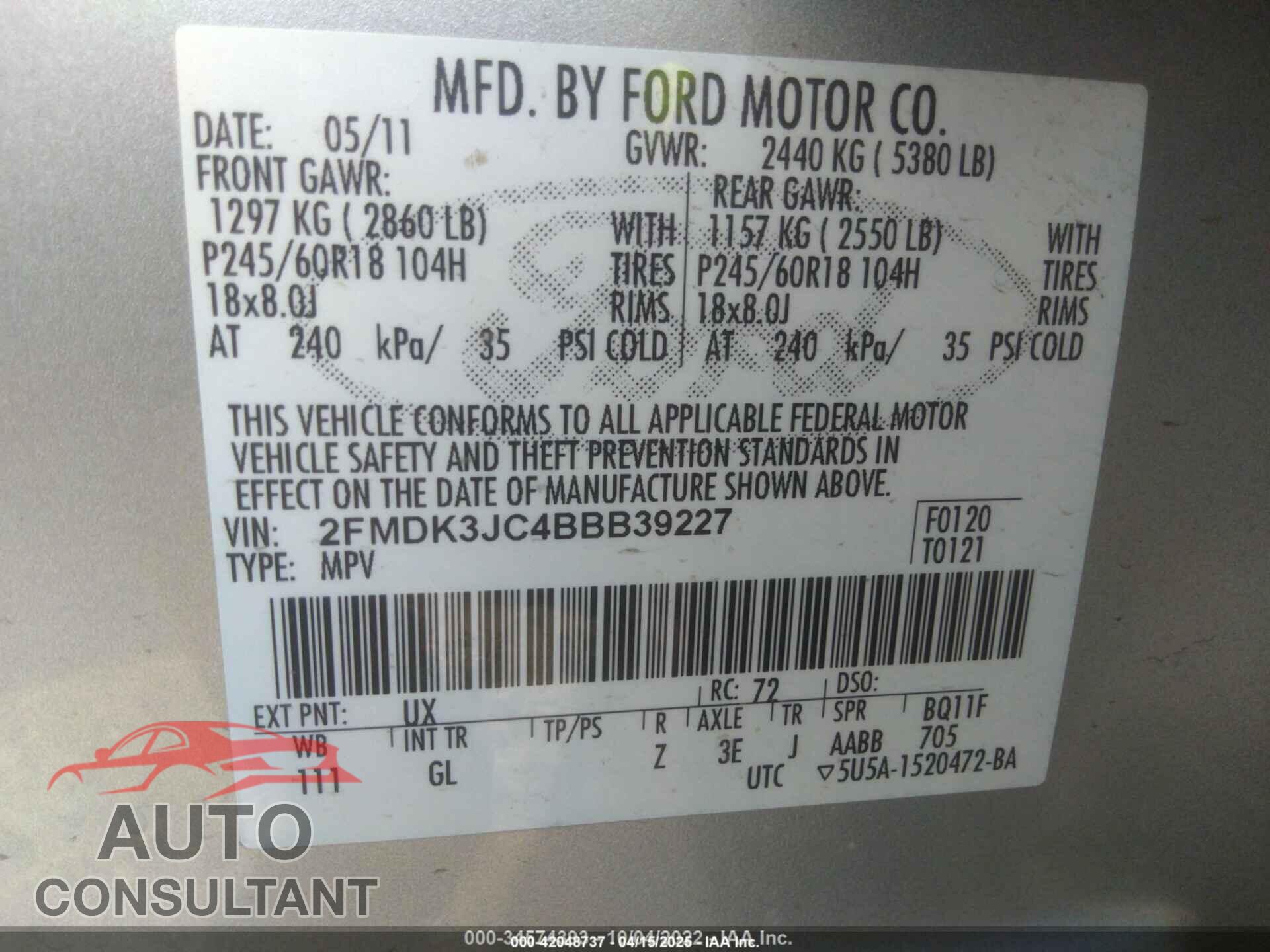 FORD EDGE 2011 - 2FMDK3JC4BBB39227