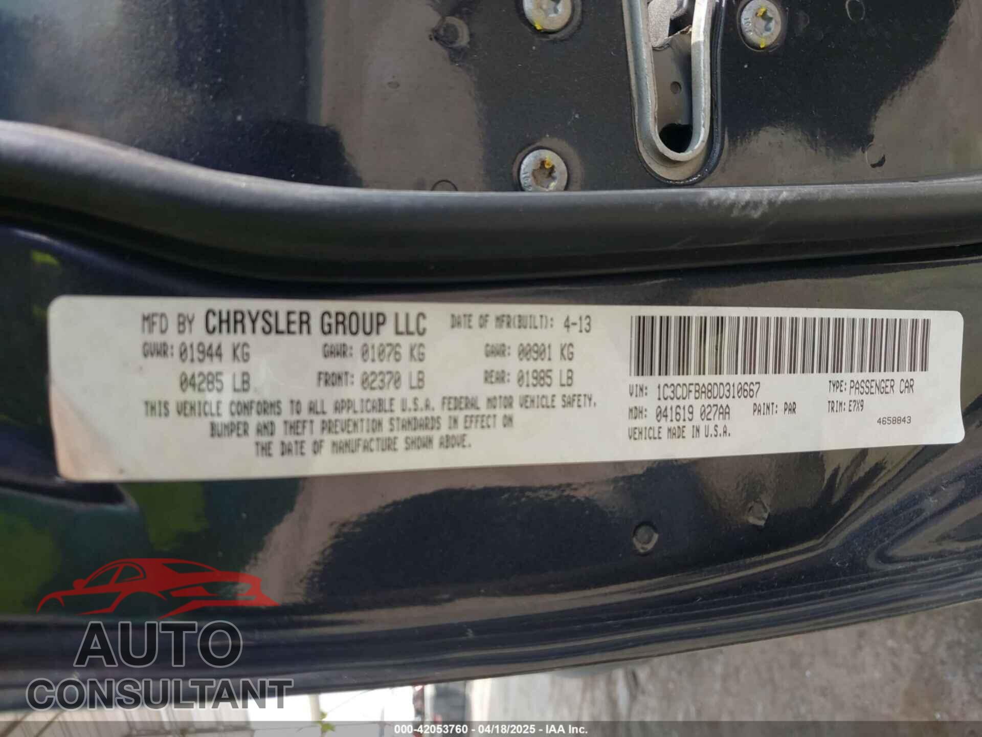 DODGE DART 2013 - 1C3CDFBA8DD310667