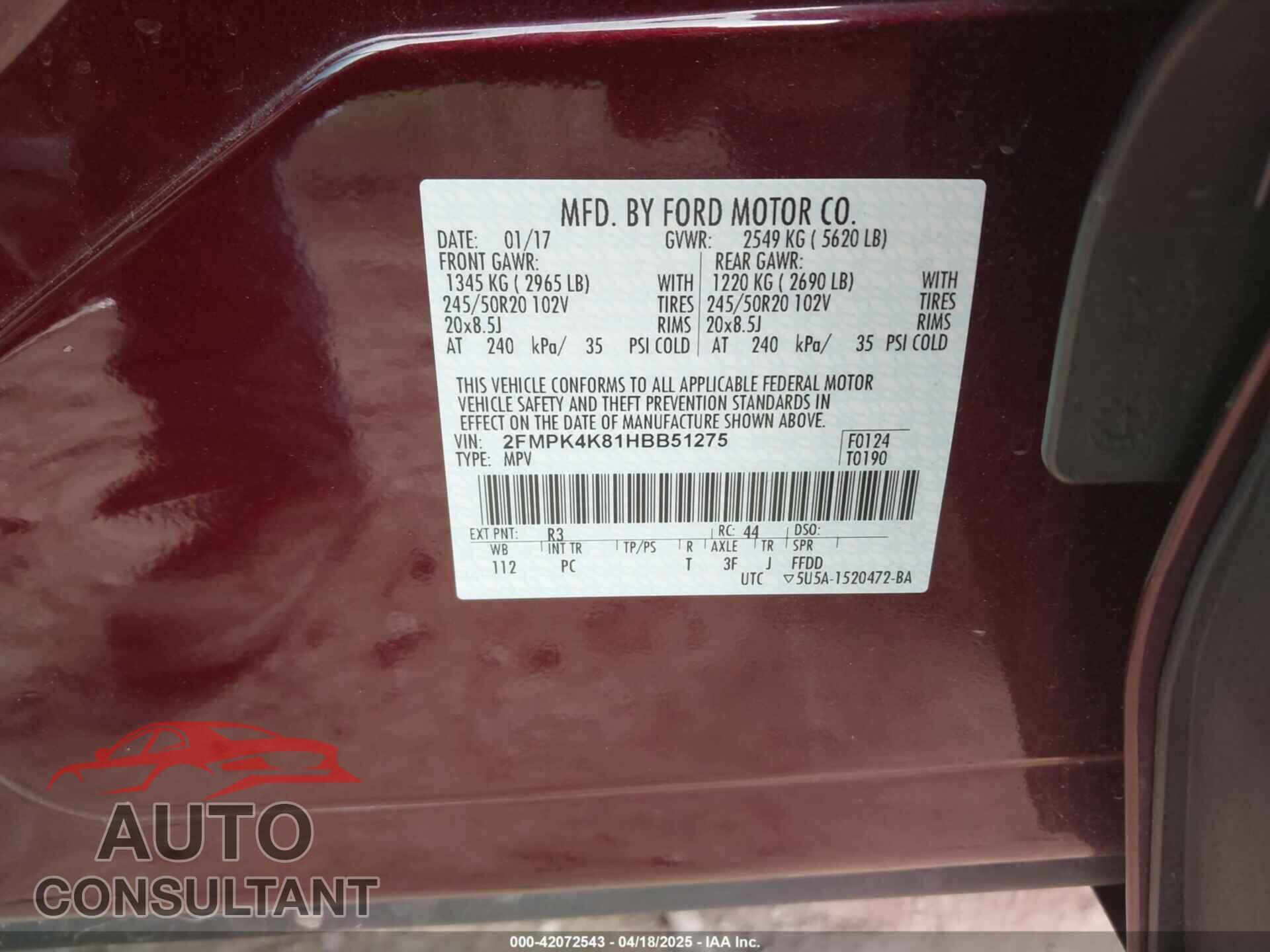 FORD EDGE 2017 - 2FMPK4K81HBB51275