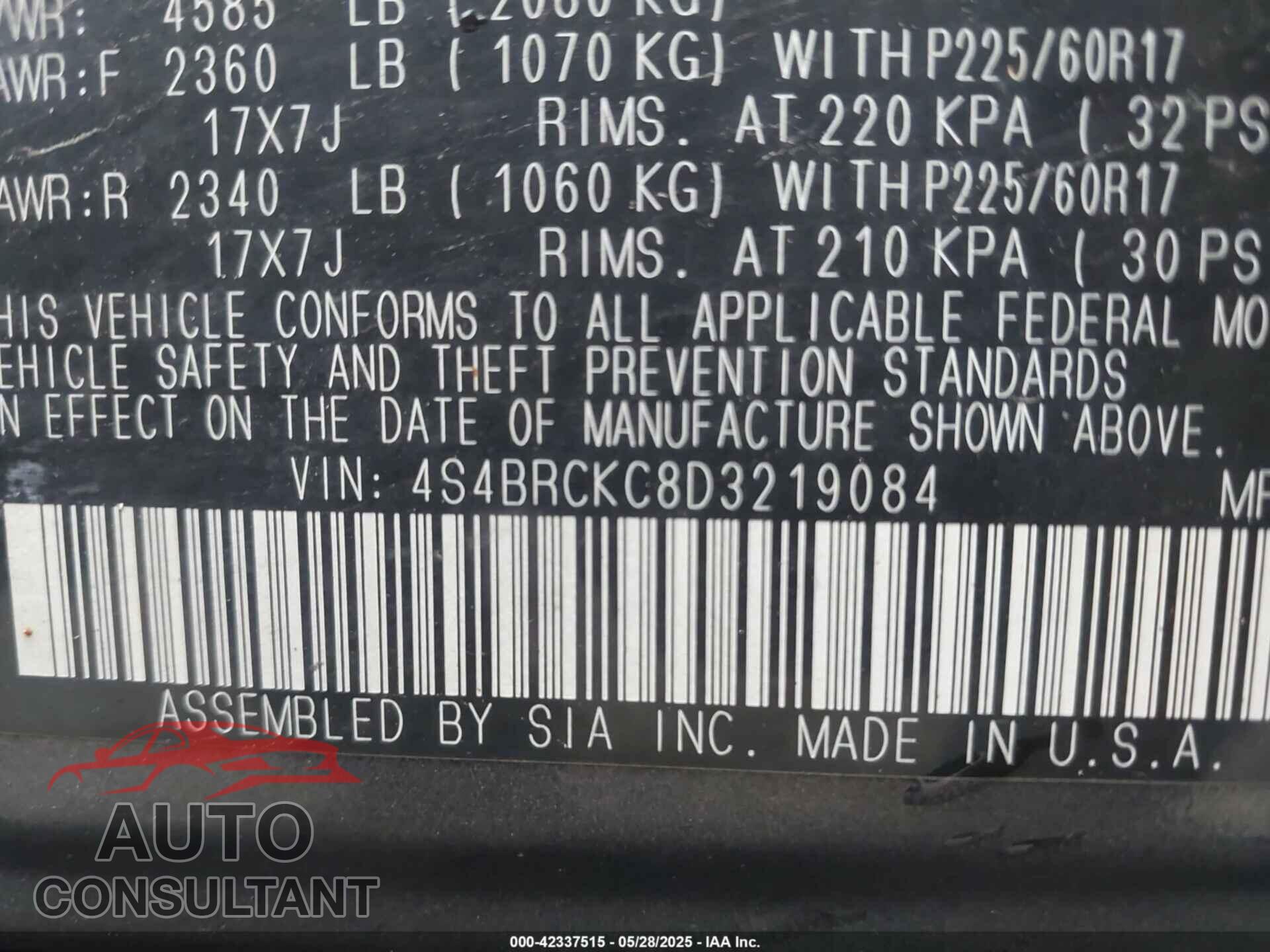 SUBARU OUTBACK 2013 - 4S4BRCKC8D3219084