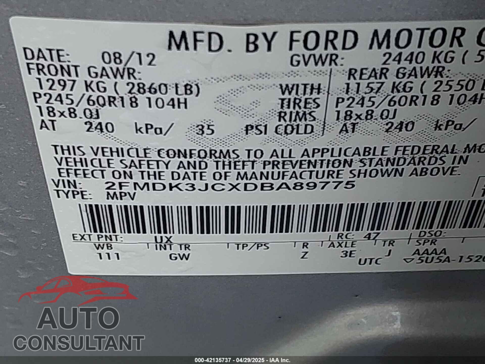 FORD EDGE 2013 - 2FMDK3JCXDBA89775