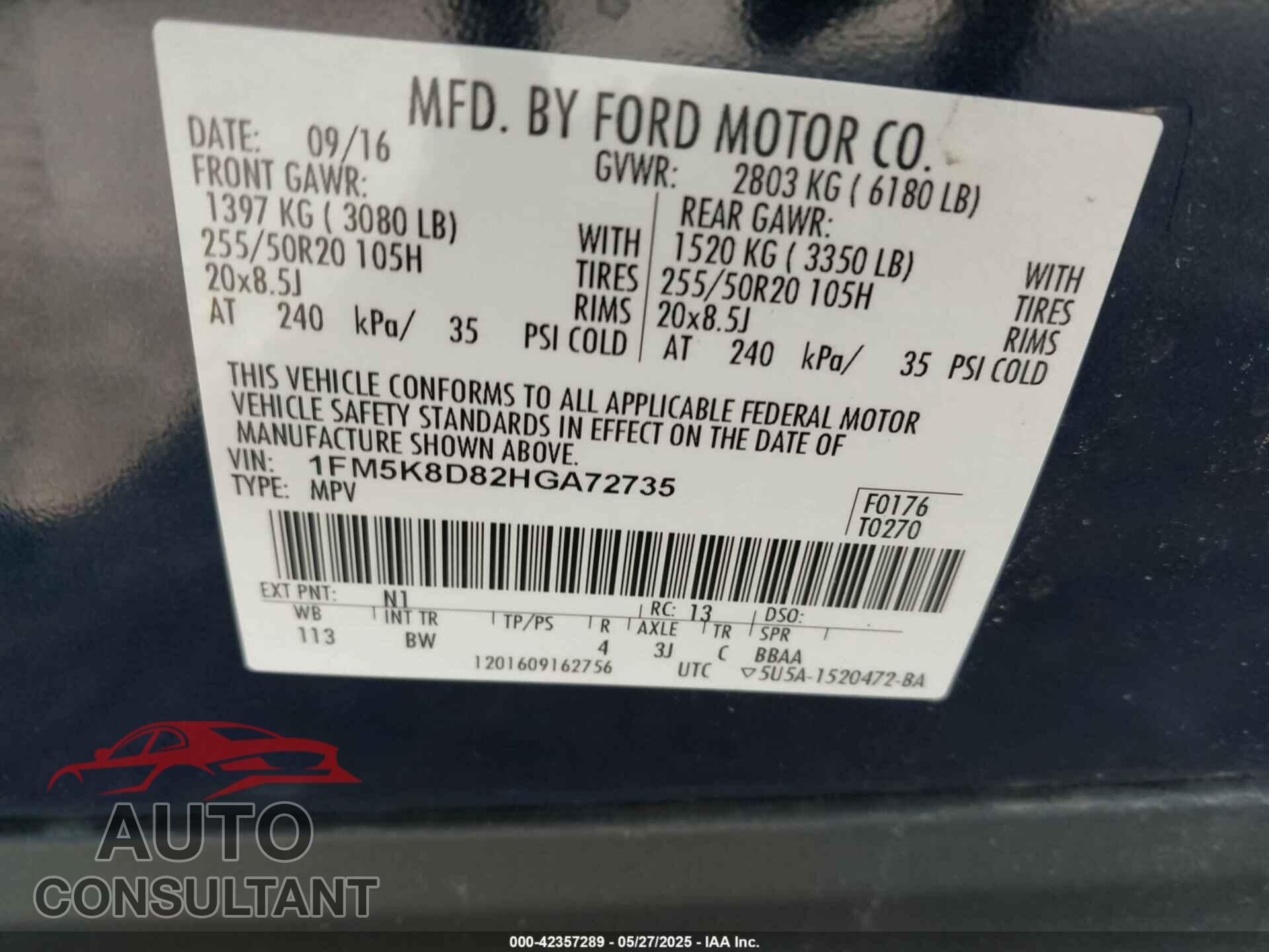 FORD EXPLORER 2017 - 1FM5K8D82HGA72735