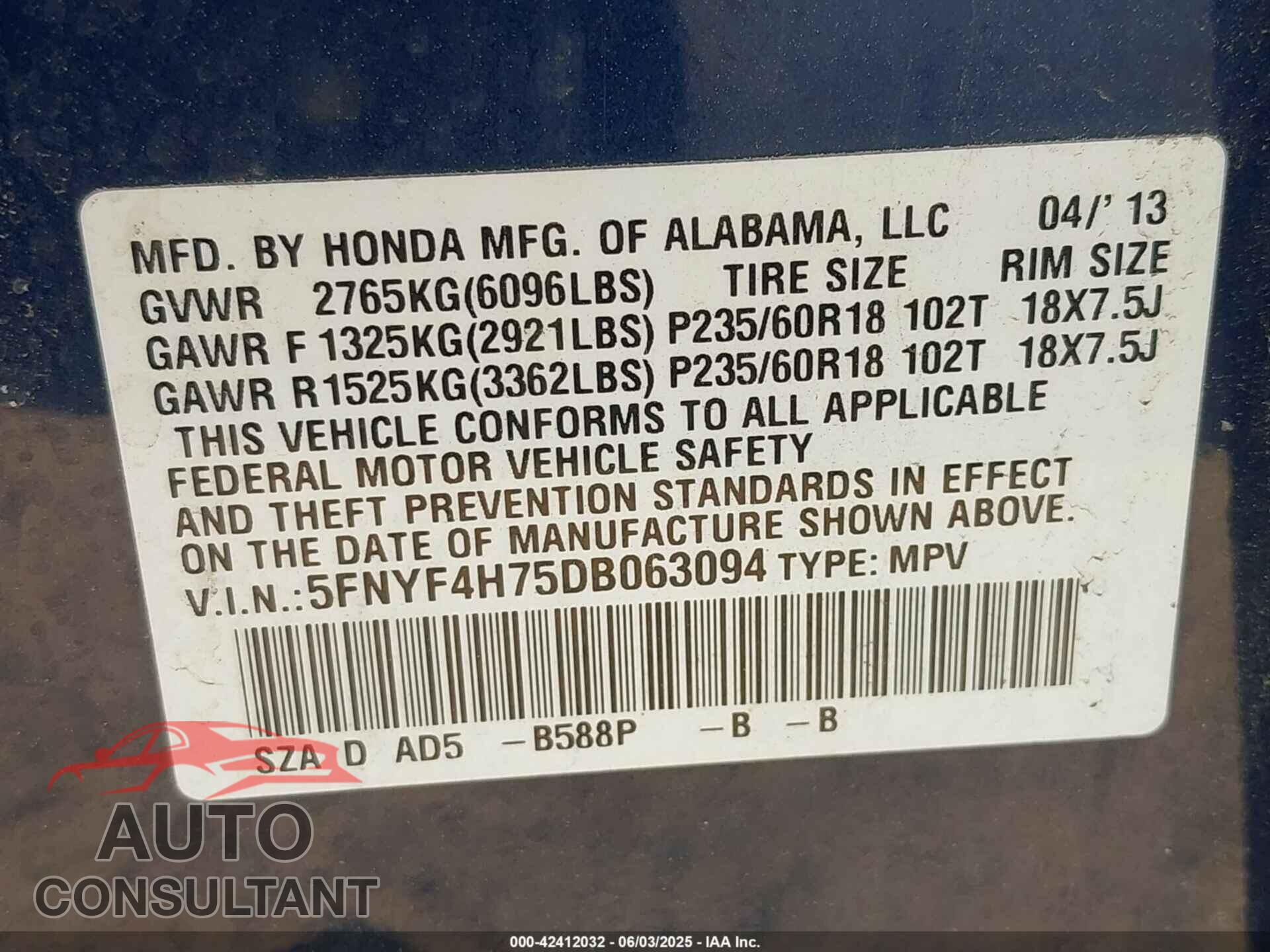 HONDA PILOT 2013 - 5FNYF4H75DB063094