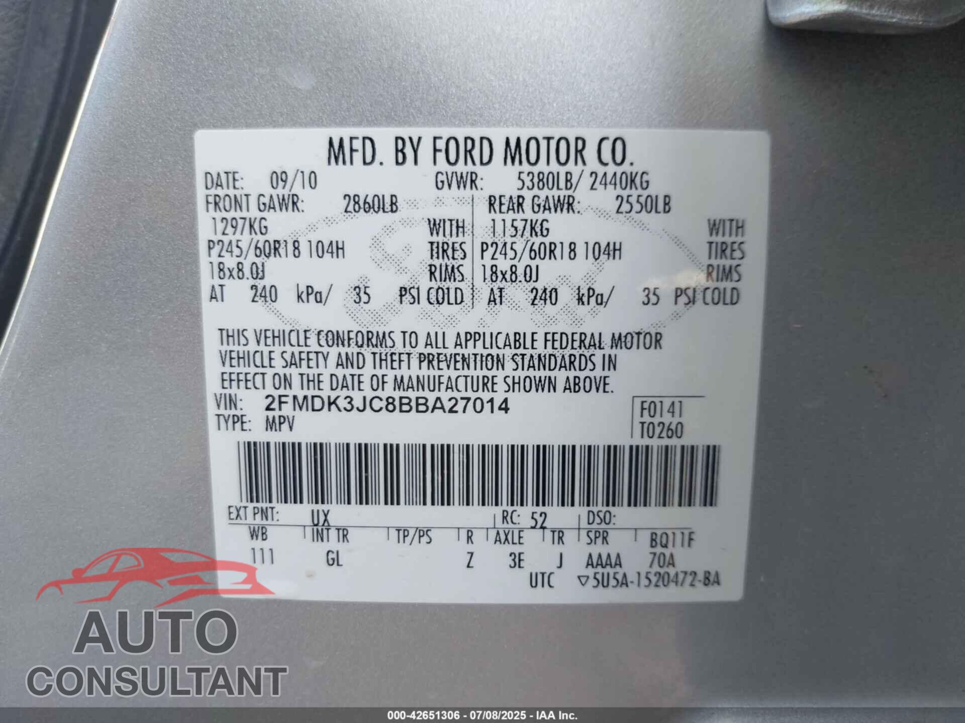 FORD EDGE 2011 - 2FMDK3JC8BBA27014
