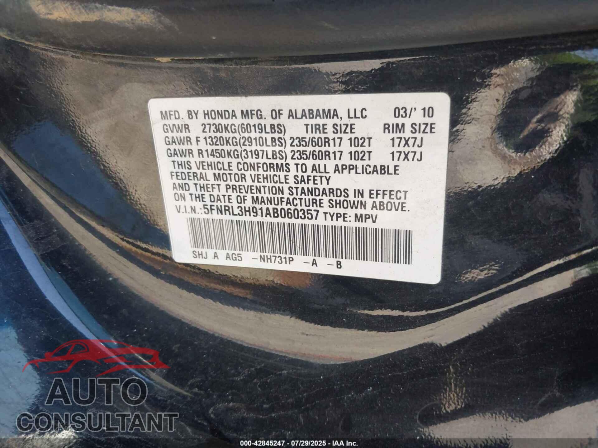 HONDA ODYSSEY 2010 - 5FNRL3H91AB060357