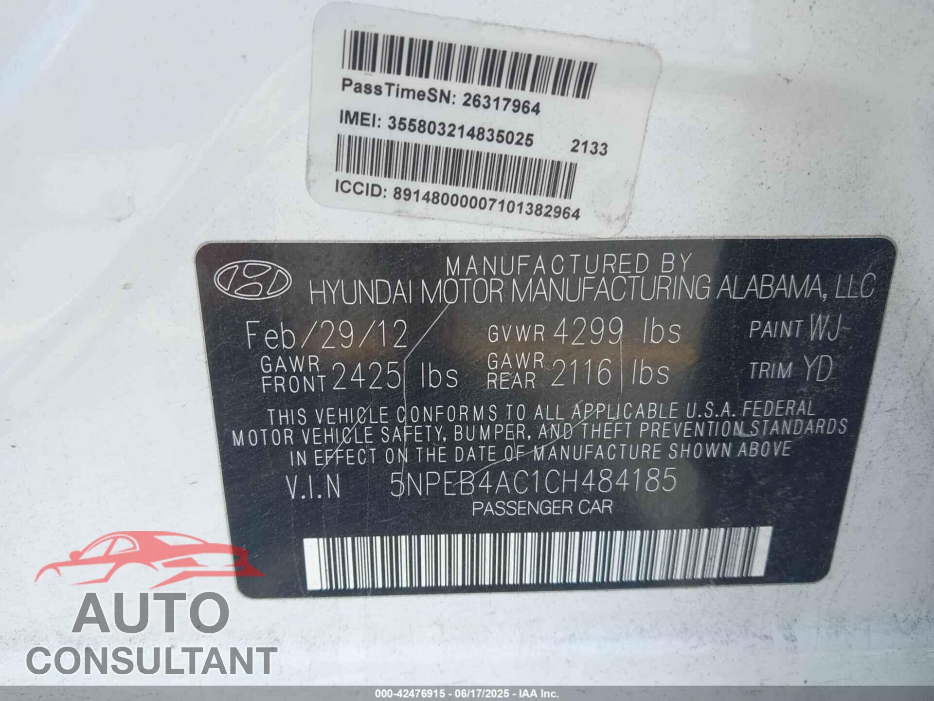 HYUNDAI SONATA 2012 - 5NPEB4AC1CH484185