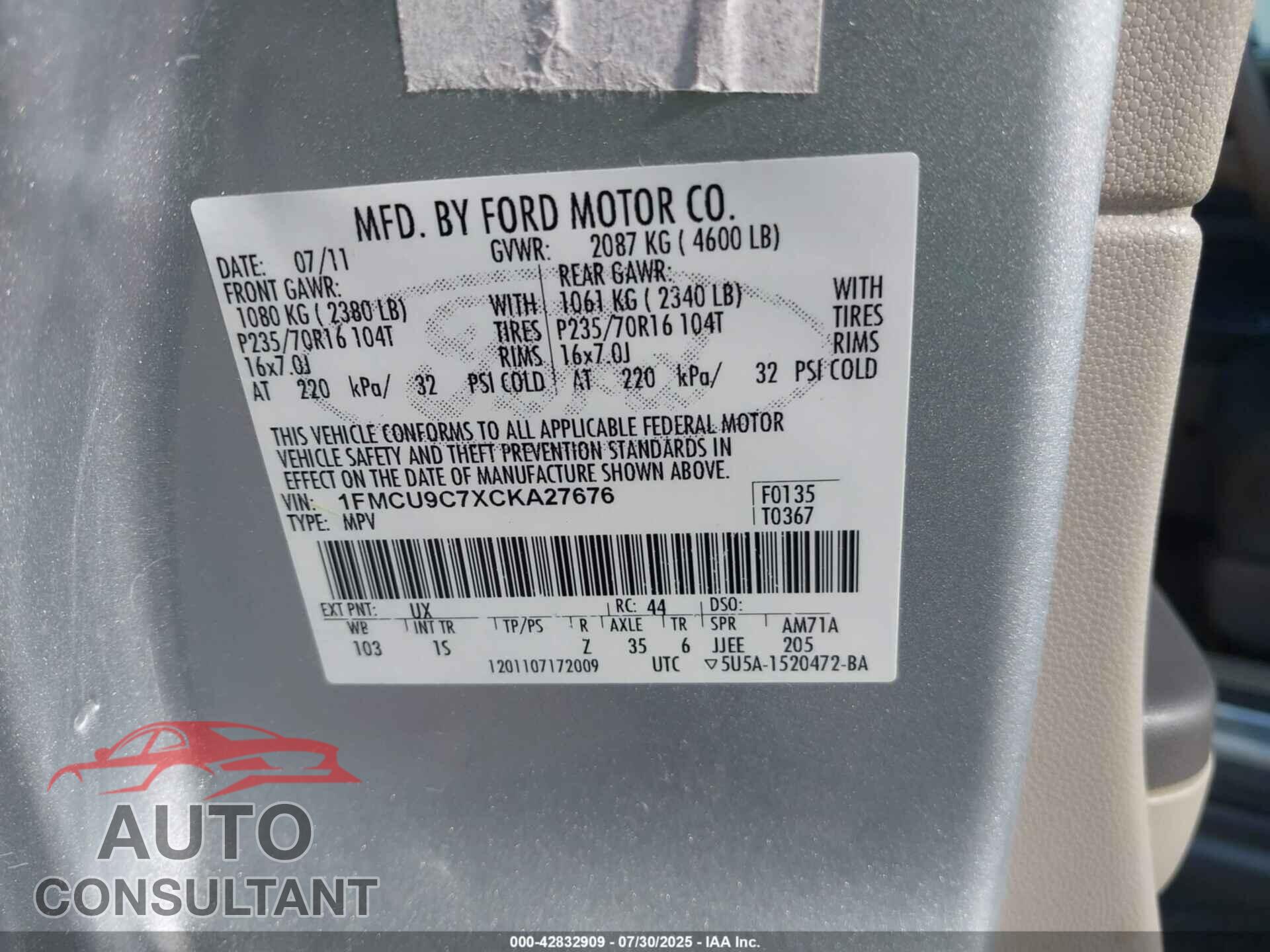 FORD ESCAPE 2012 - 1FMCU9C7XCKA27676