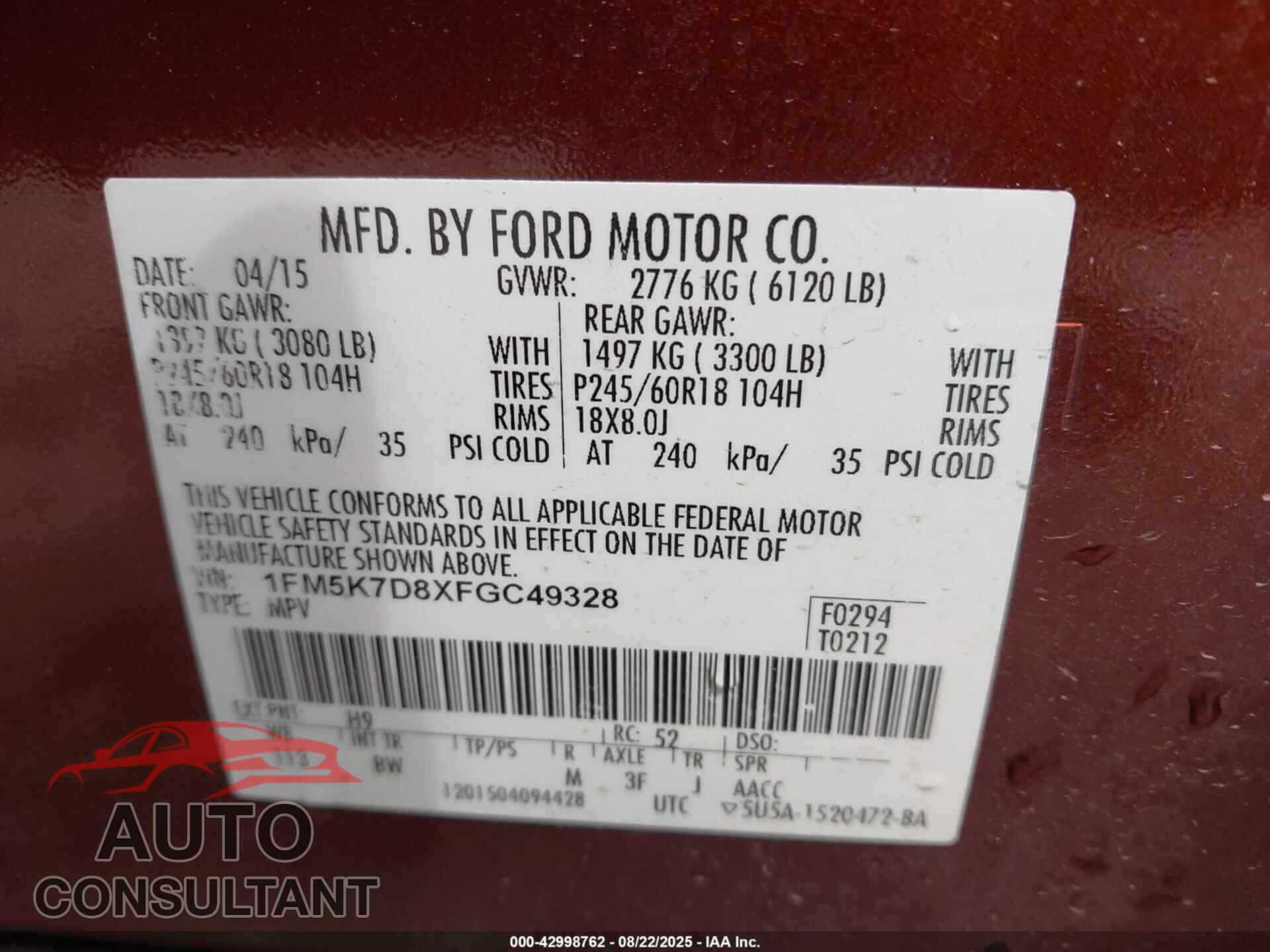 FORD EXPLORER 2015 - 1FM5K7D8XFGC49328