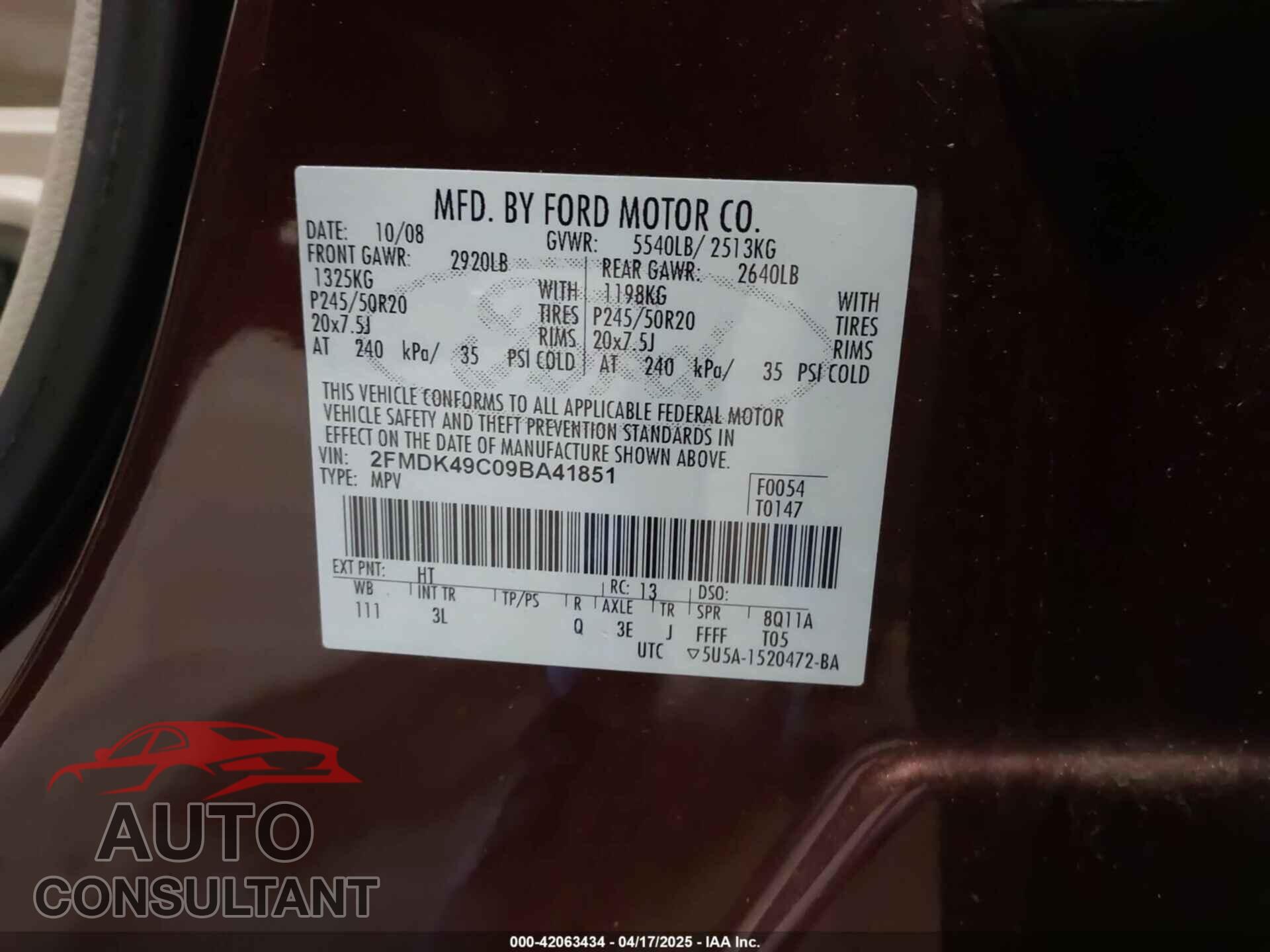 FORD EDGE 2009 - 2FMDK49C09BA41851