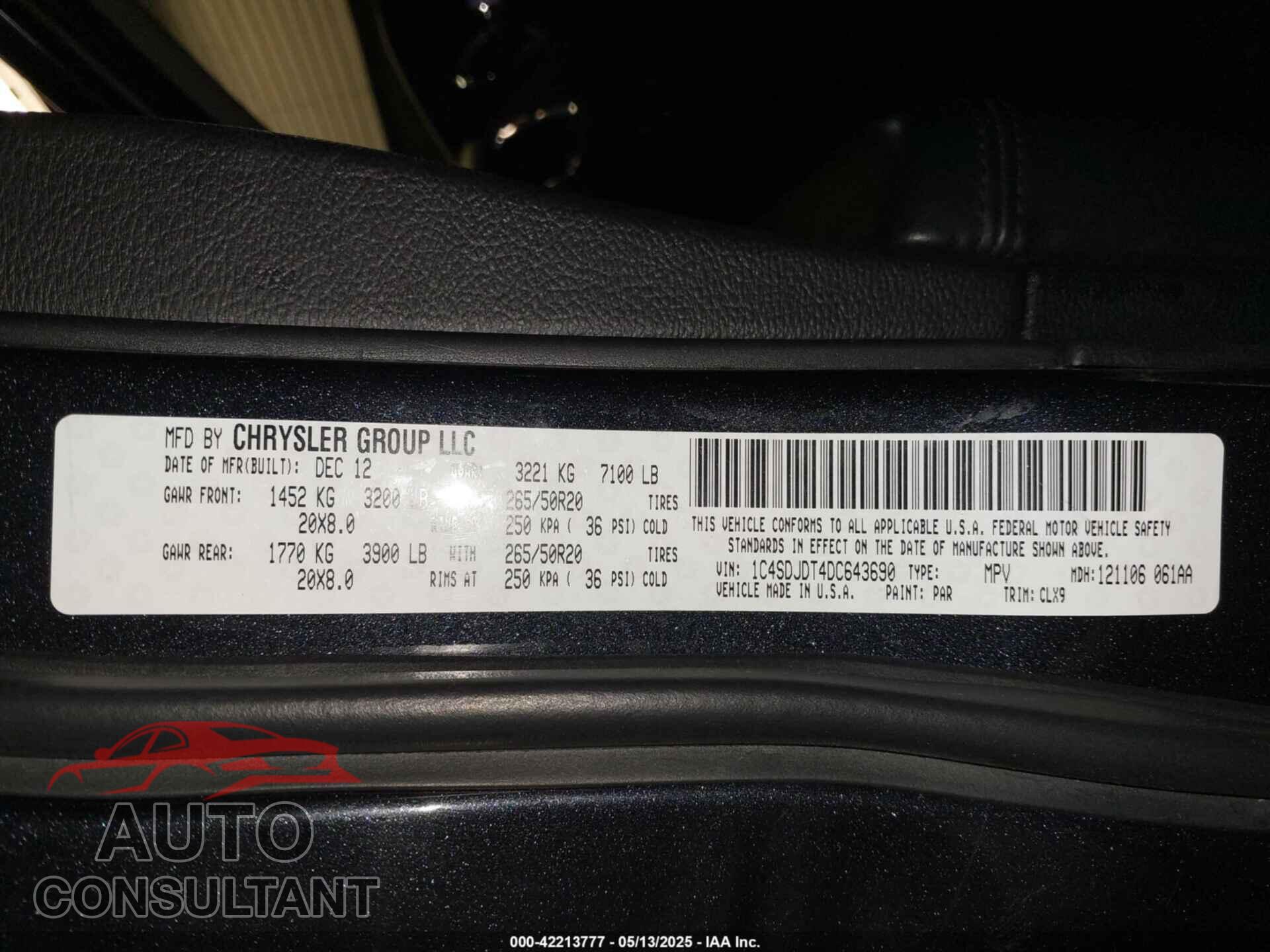 DODGE DURANGO 2013 - 1C4SDJDT4DC643690