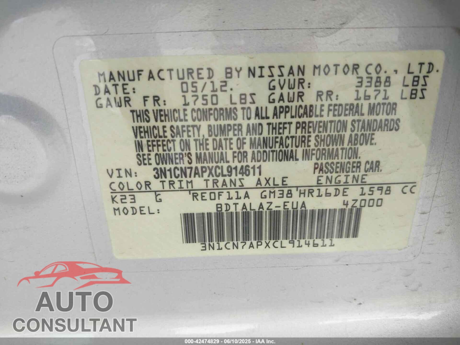 NISSAN VERSA 2012 - 3N1CN7APXCL914611