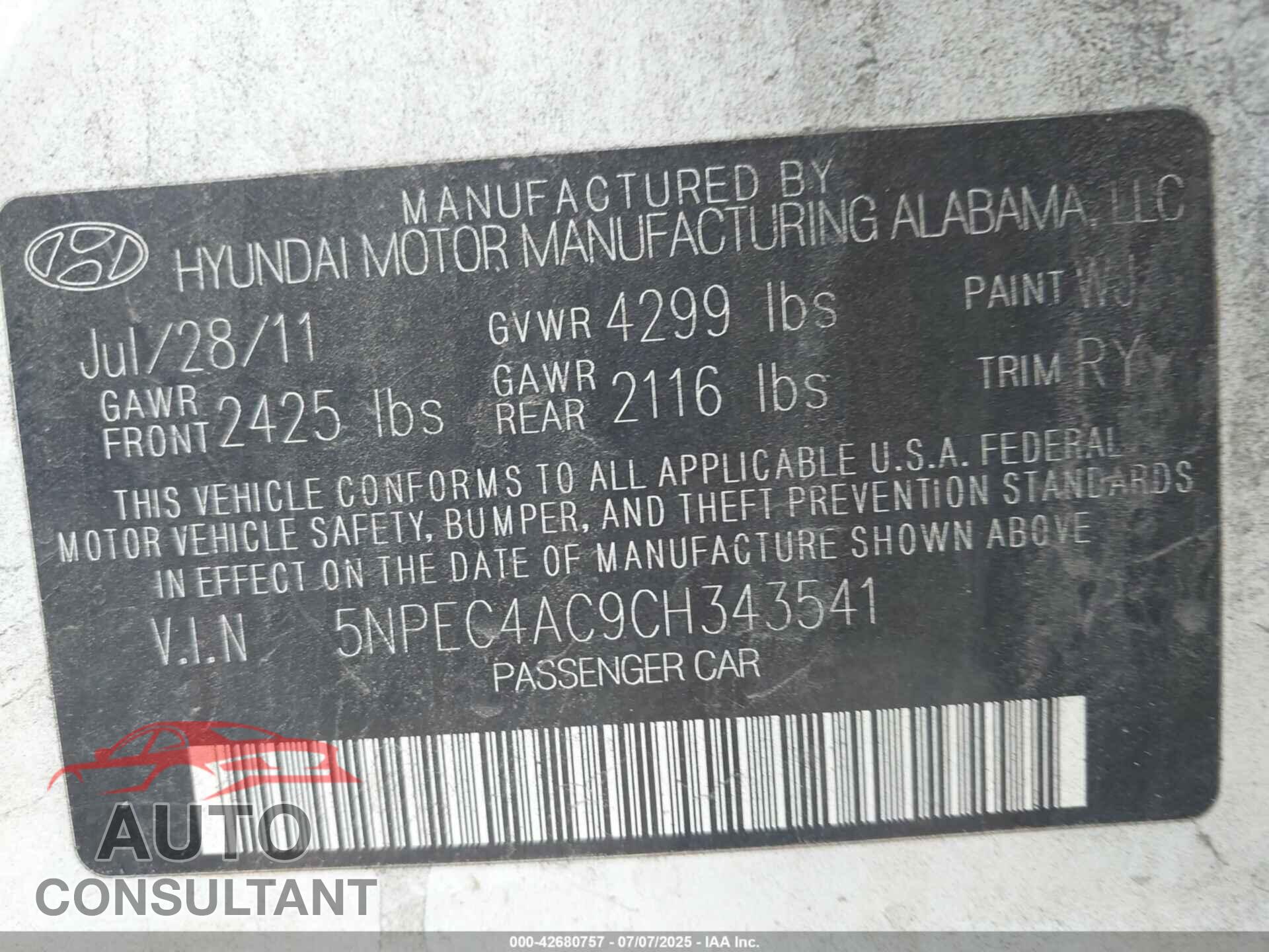 HYUNDAI SONATA 2012 - 5NPEC4AC9CH343541
