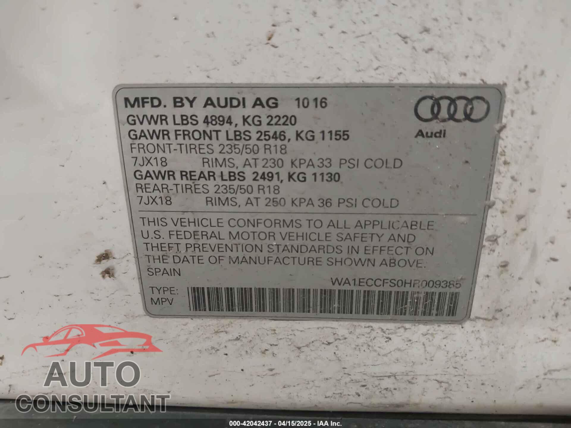 AUDI Q3 2017 - WA1ECCFS0HR009385