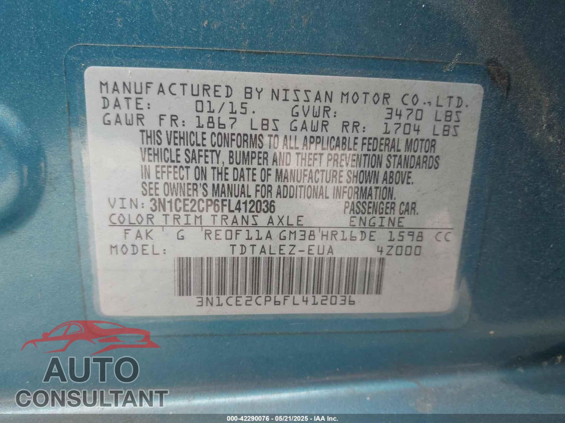 NISSAN VERSA NOTE 2015 - 3N1CE2CP6FL412036