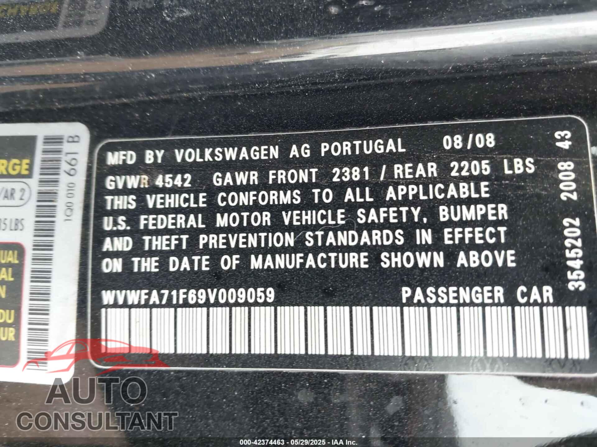 VOLKSWAGEN EOS 2009 - WVWFA71F69V009059