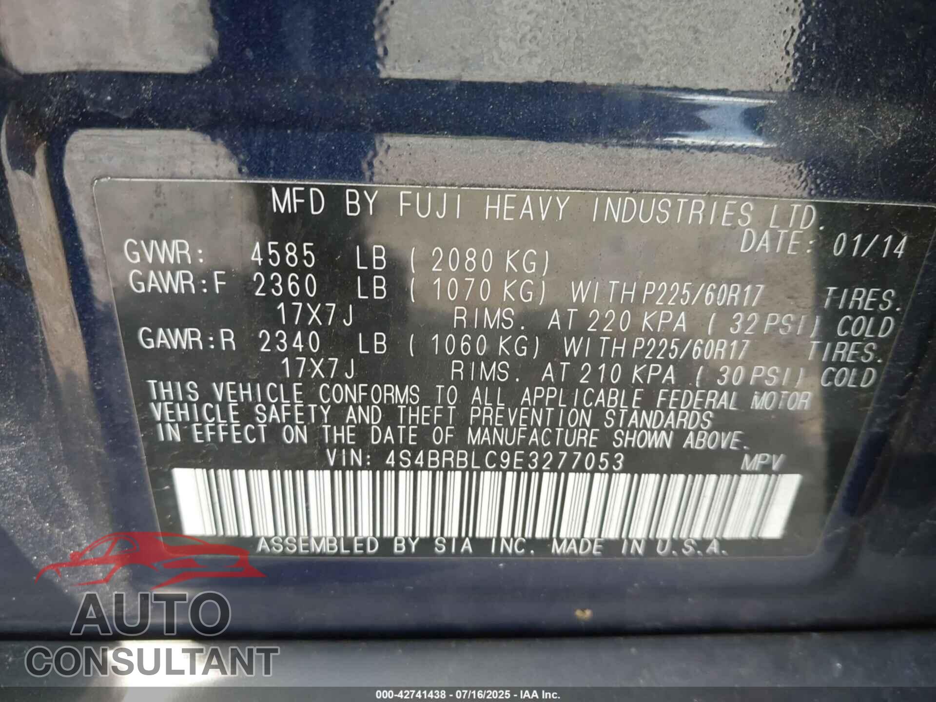 SUBARU OUTBACK 2014 - 4S4BRBLC9E3277053