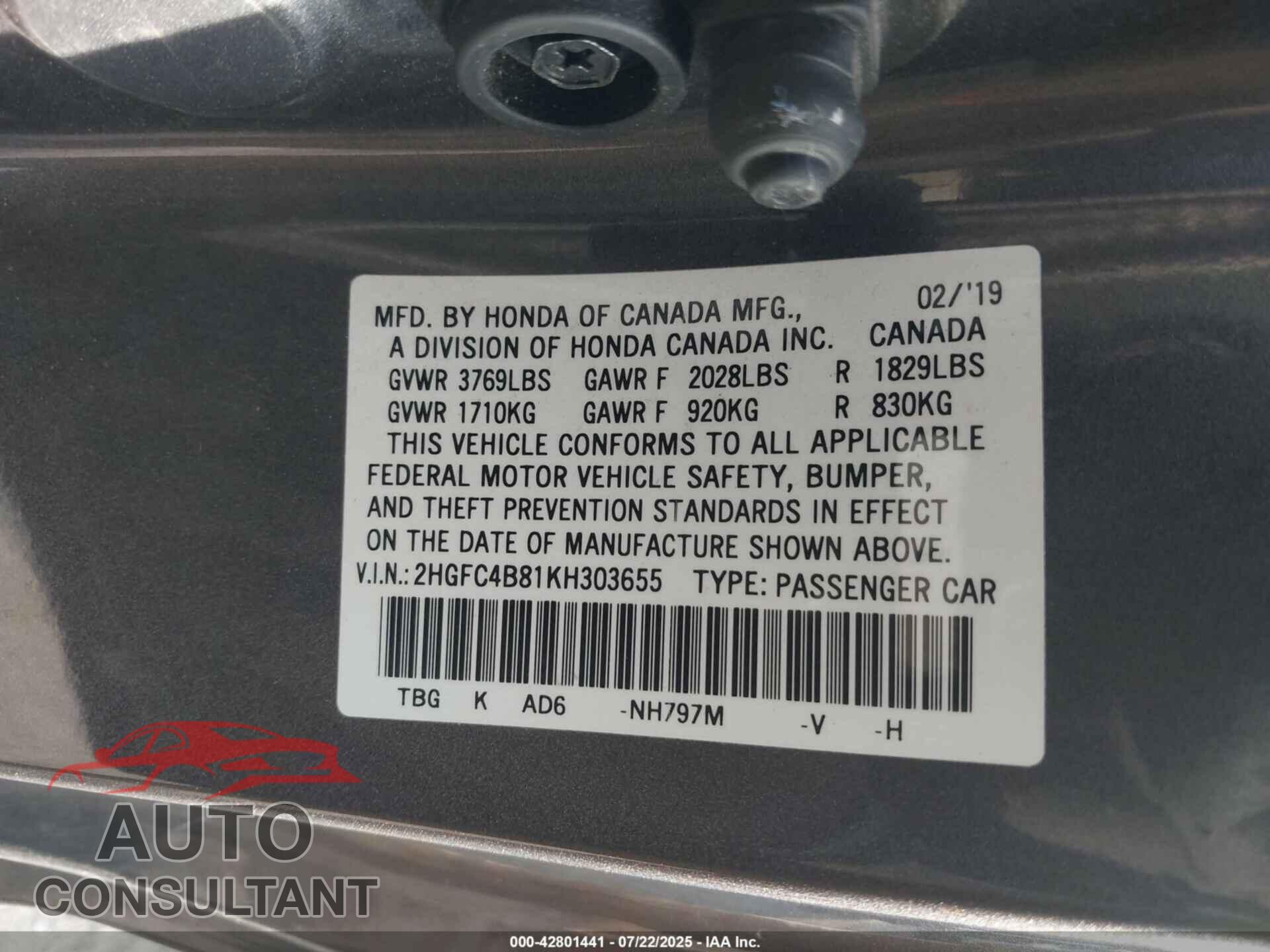 HONDA CIVIC 2019 - 2HGFC4B81KH303655