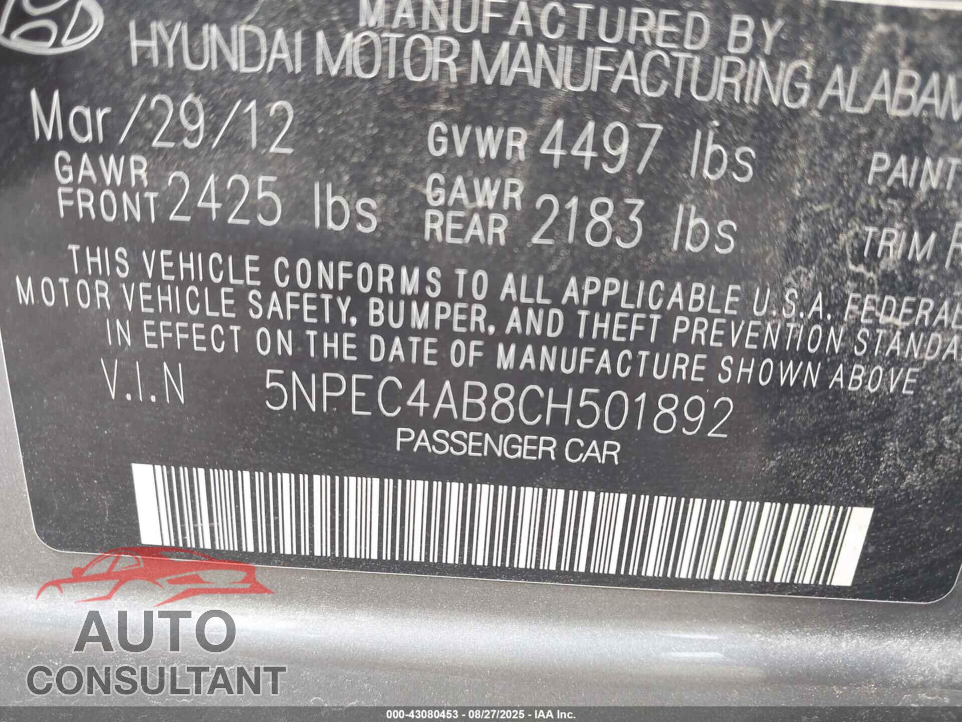 HYUNDAI SONATA 2012 - 5NPEC4AB8CH501892