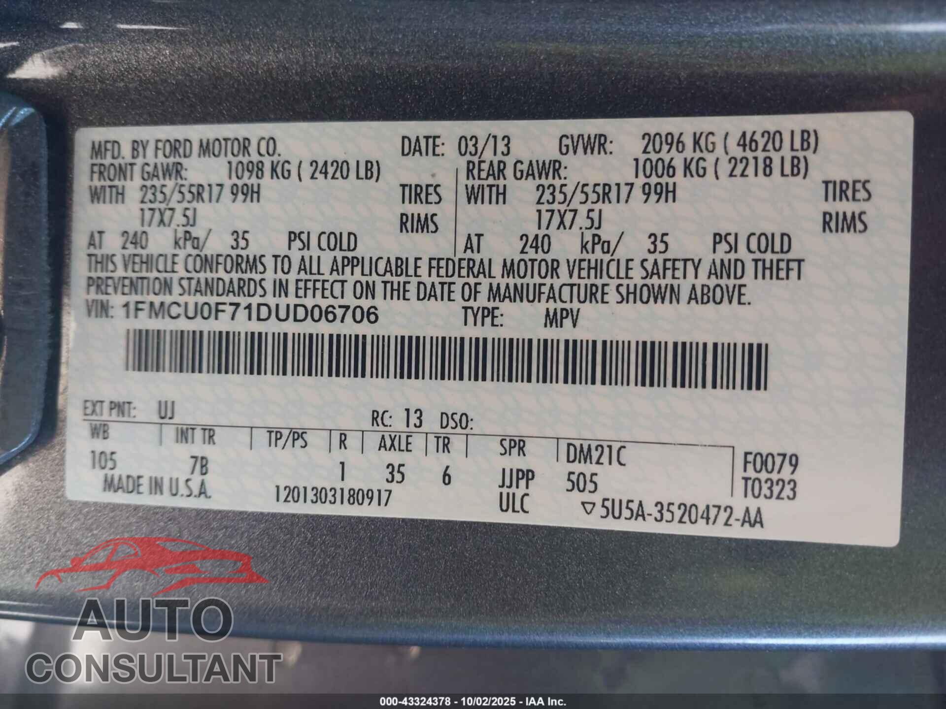 FORD ESCAPE 2013 - 1FMCU0F71DUD06706