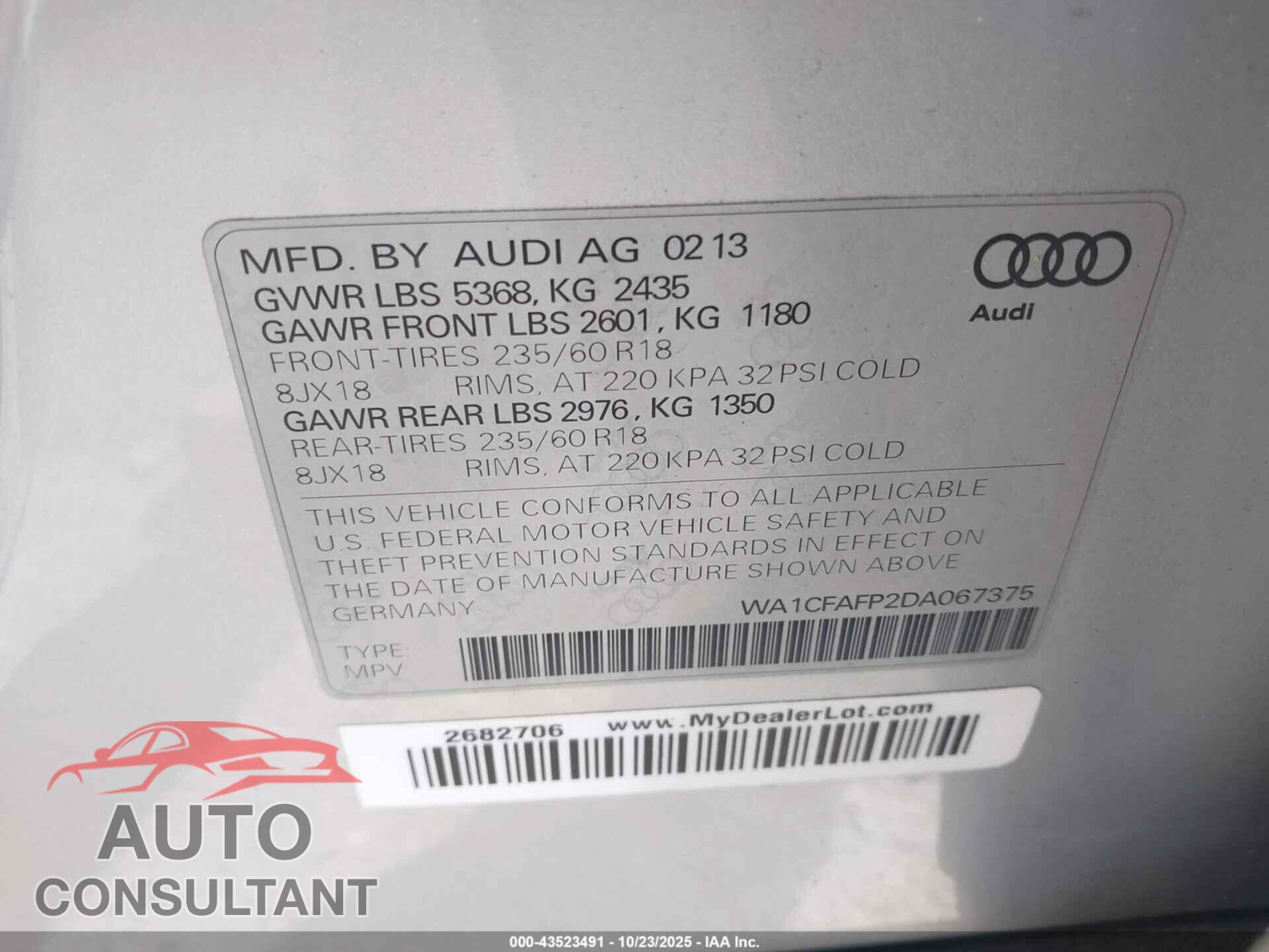 AUDI Q5 2013 - WA1CFAFP2DA067375