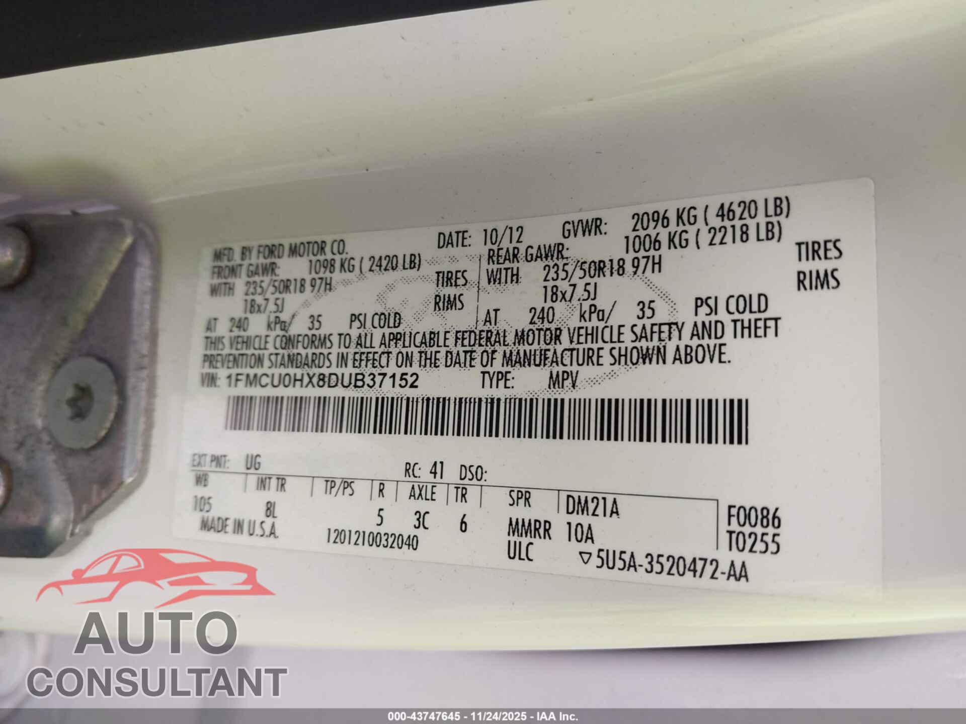 FORD ESCAPE 2013 - 1FMCU0HX8DUB37152