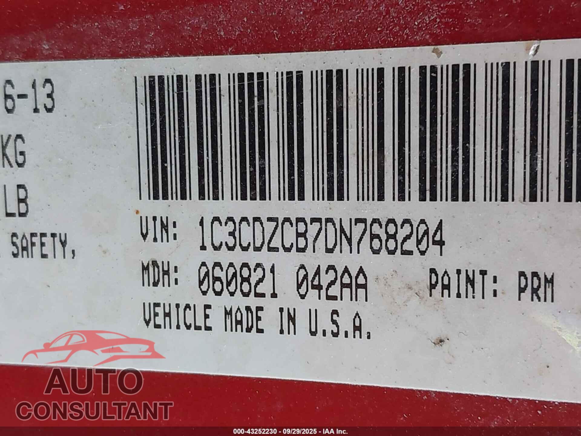 DODGE AVENGER 2013 - 1C3CDZCB7DN768204