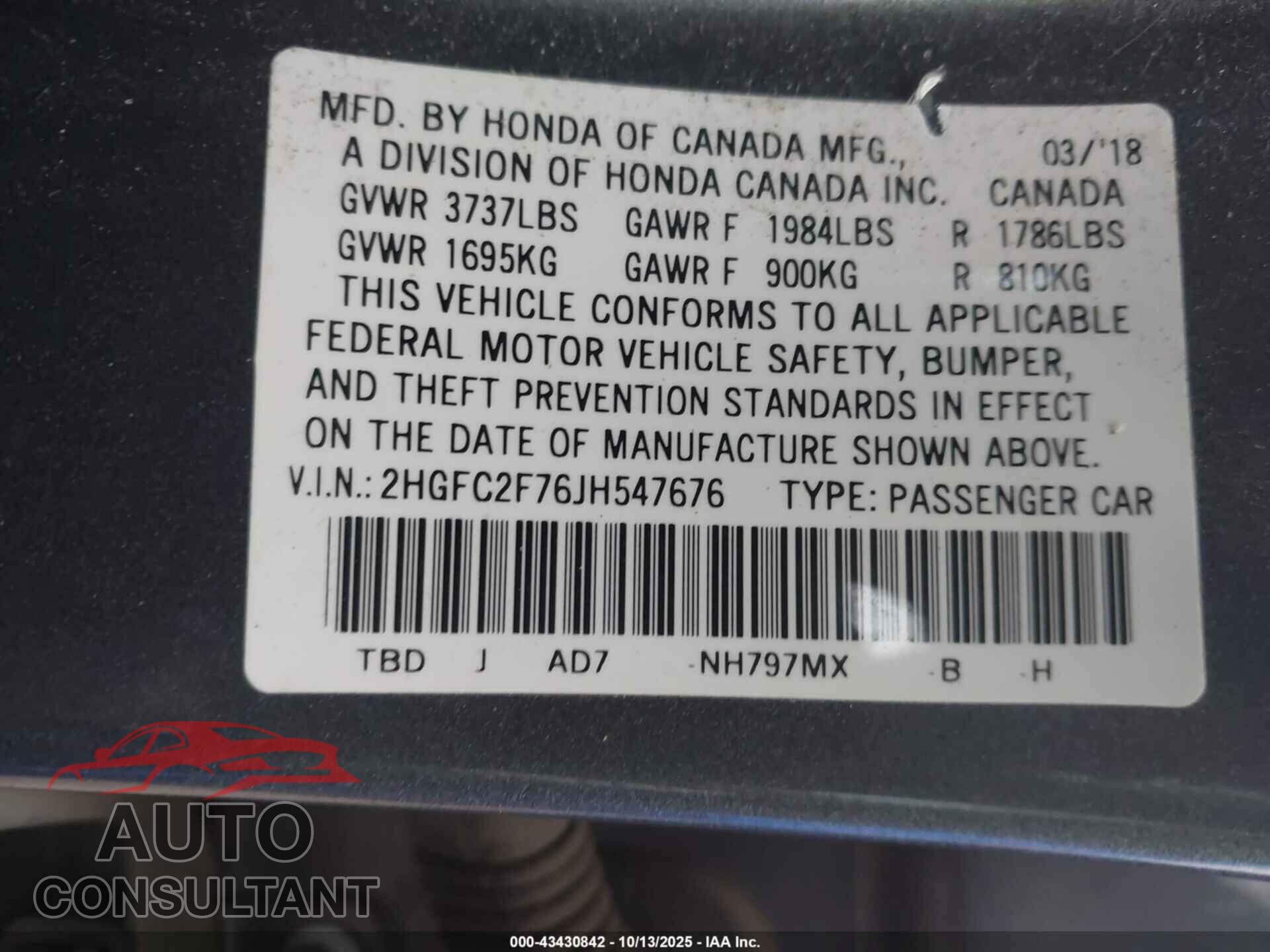 HONDA CIVIC 2018 - 2HGFC2F76JH547676