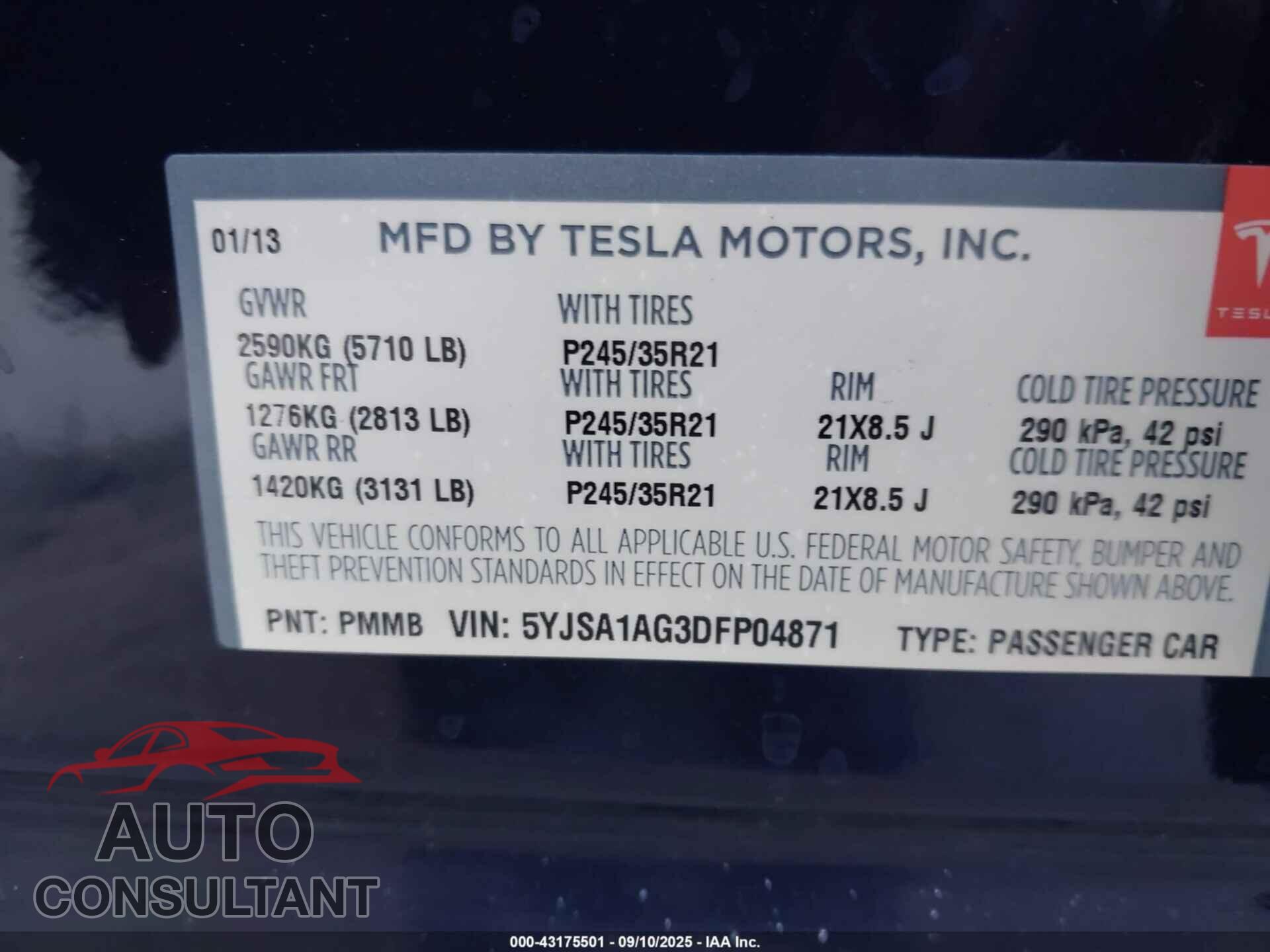 TESLA MODEL S 2013 - 5YJSA1AG3DFP04871