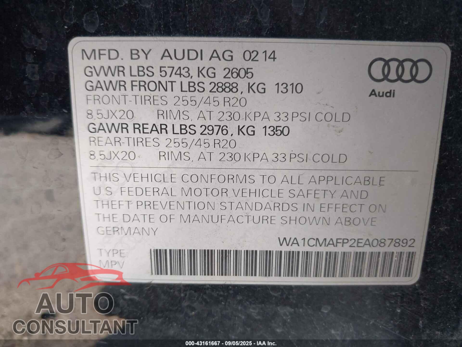 AUDI Q5 2014 - WA1CMAFP2EA087892