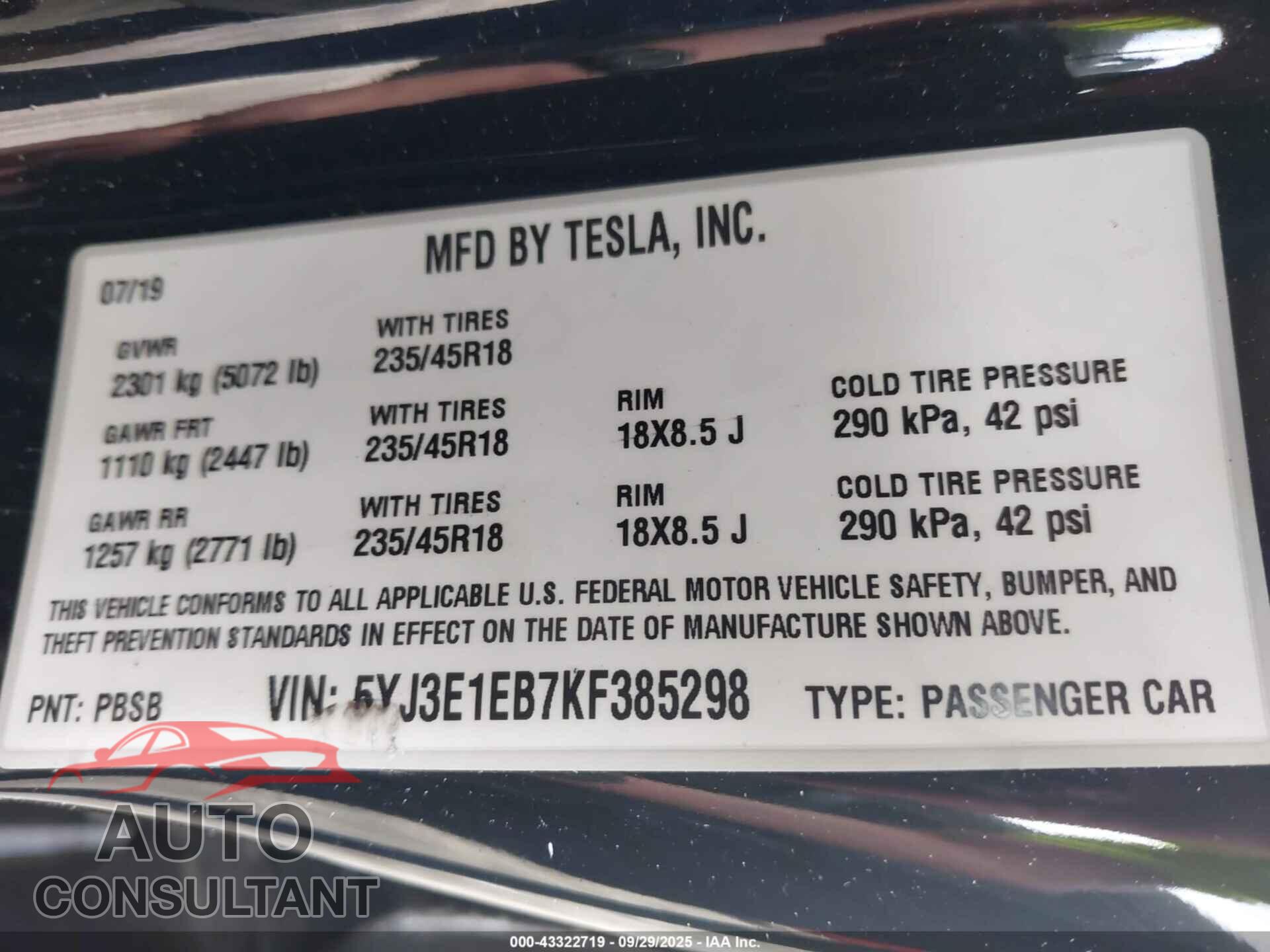 TESLA MODEL 3 2019 - 5YJ3E1EB7KF385298