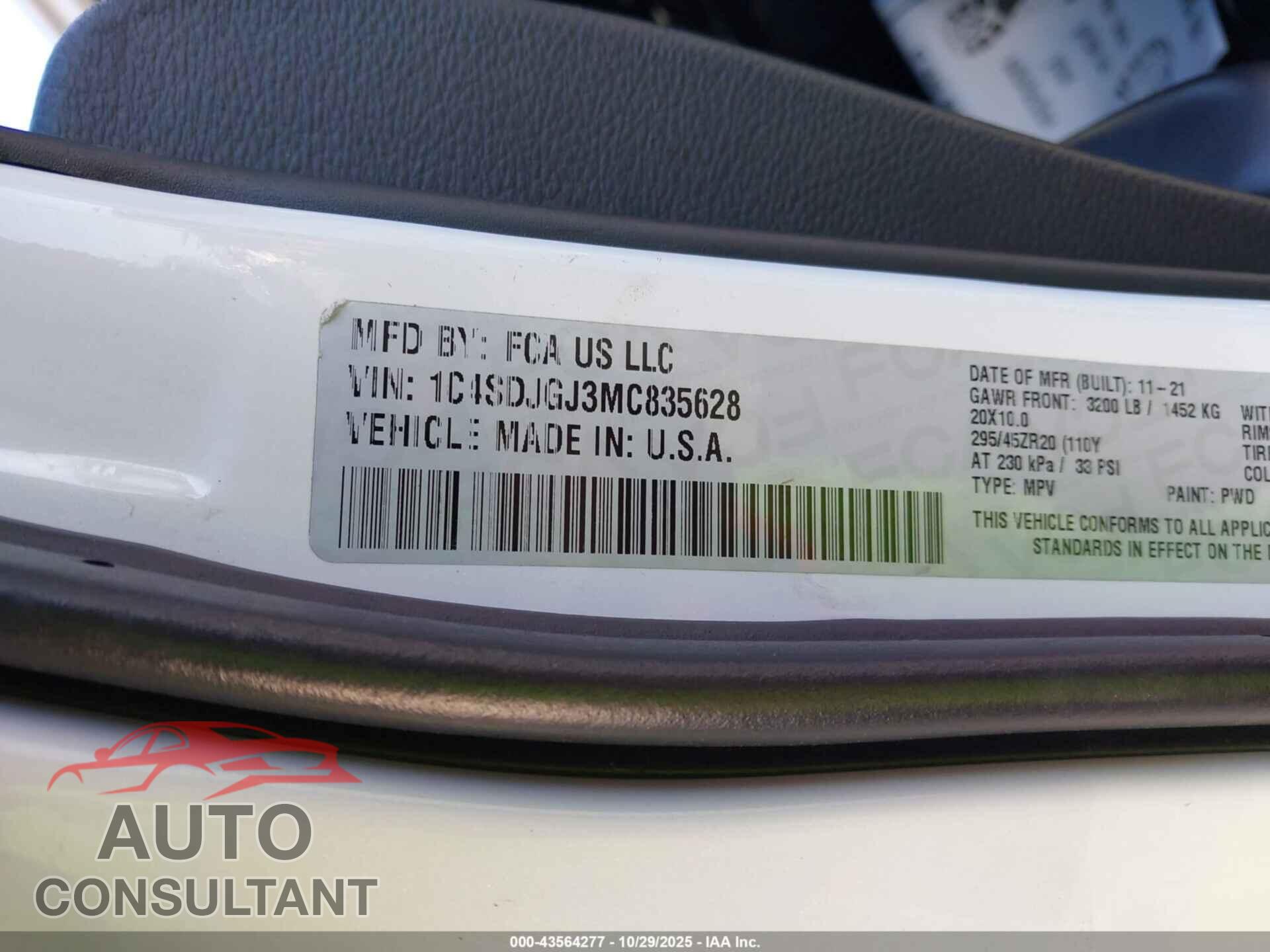 DODGE DURANGO 2021 - 1C4SDJGJ3MC835628