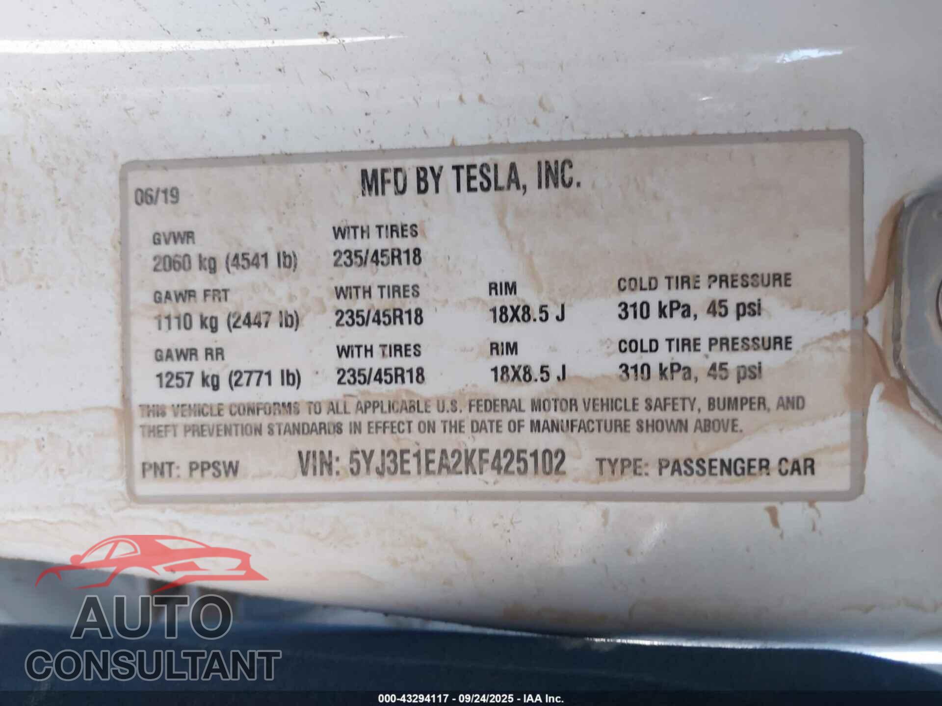 TESLA MODEL 3 2019 - 5YJ3E1EA2KF425102
