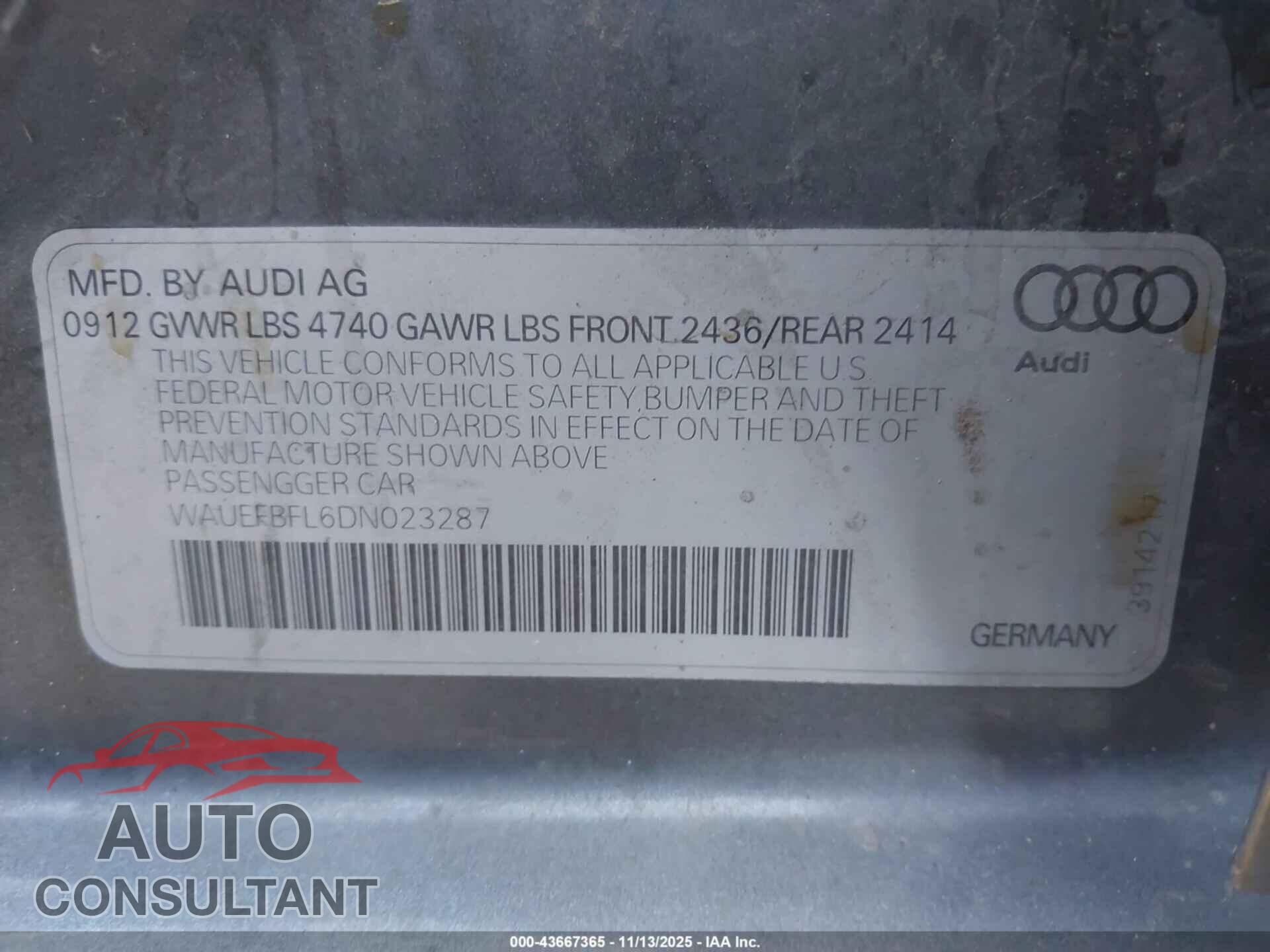 AUDI A4 2013 - WAUEFBFL6DN023287