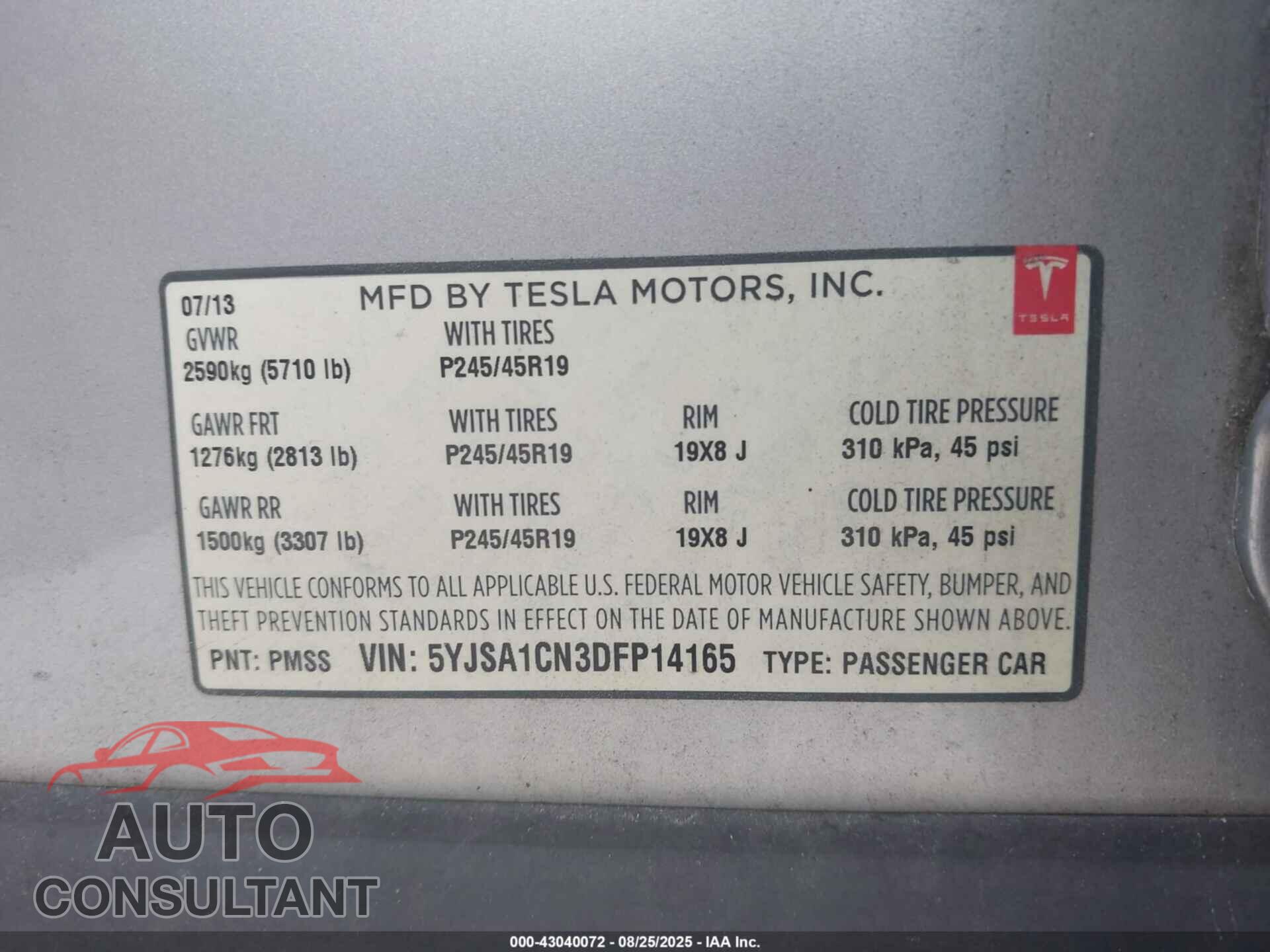 TESLA MODEL S 2013 - 5YJSA1CN3DFP14165