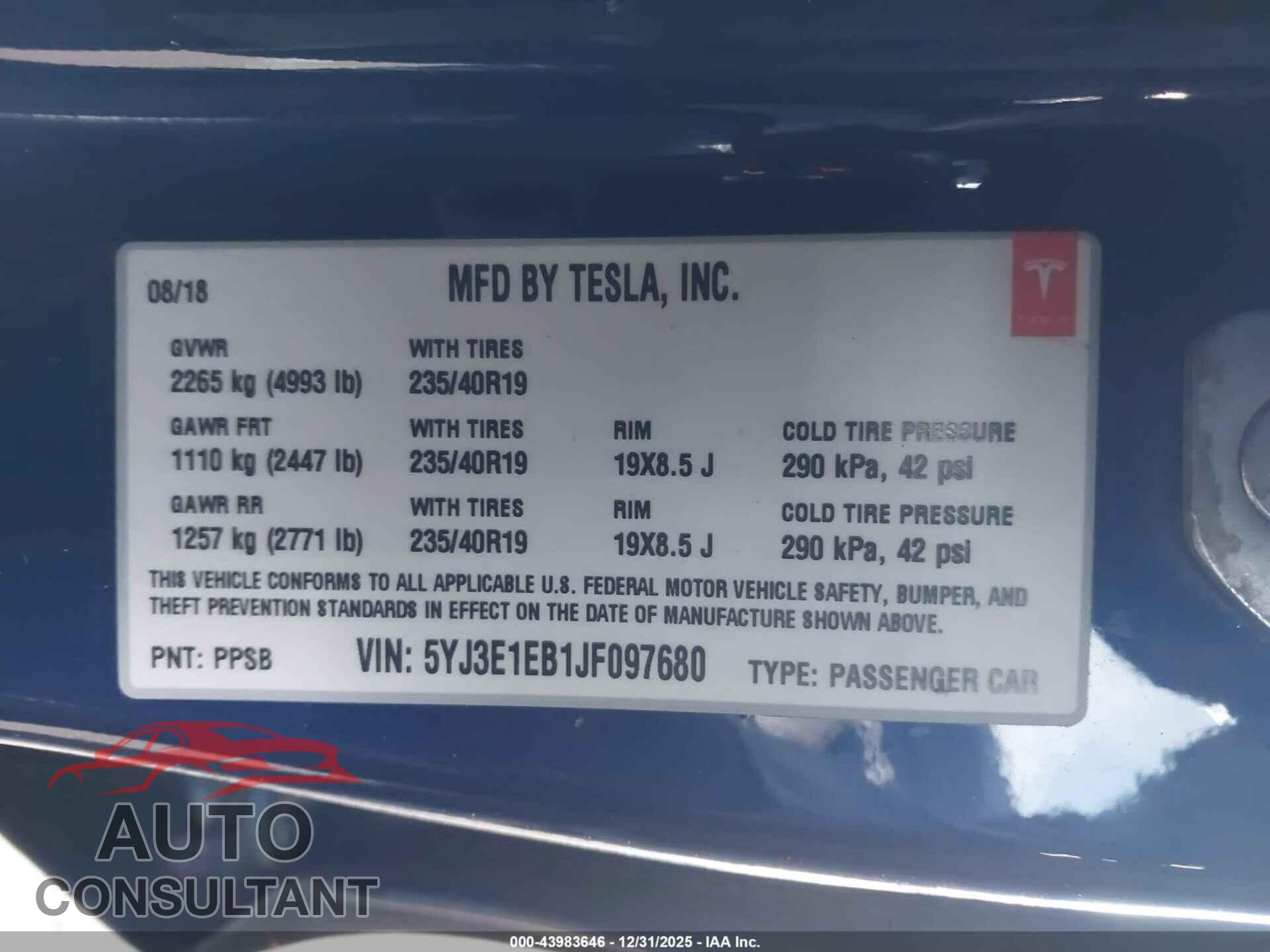 TESLA MODEL 3 2018 - 5YJ3E1EB1JF097680