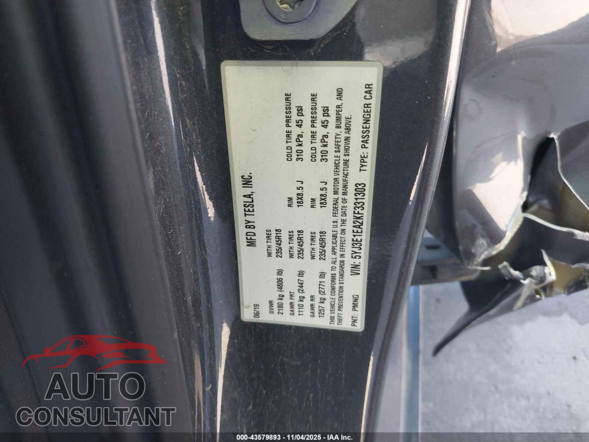 TESLA MODEL 3 2019 - 5YJ3E1EA2KF331303