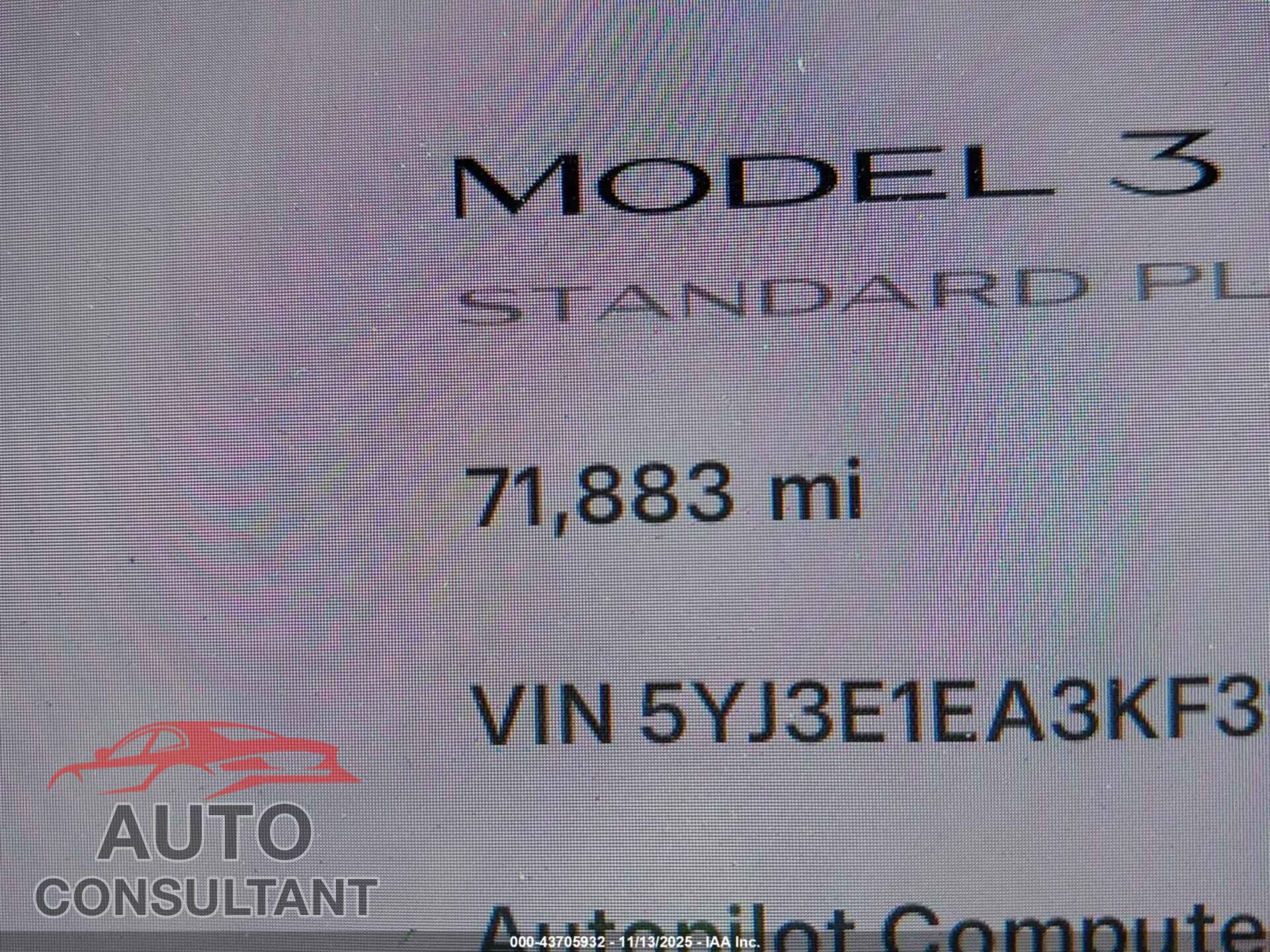 TESLA MODEL 3 2019 - 5YJ3E1EA3KF317989