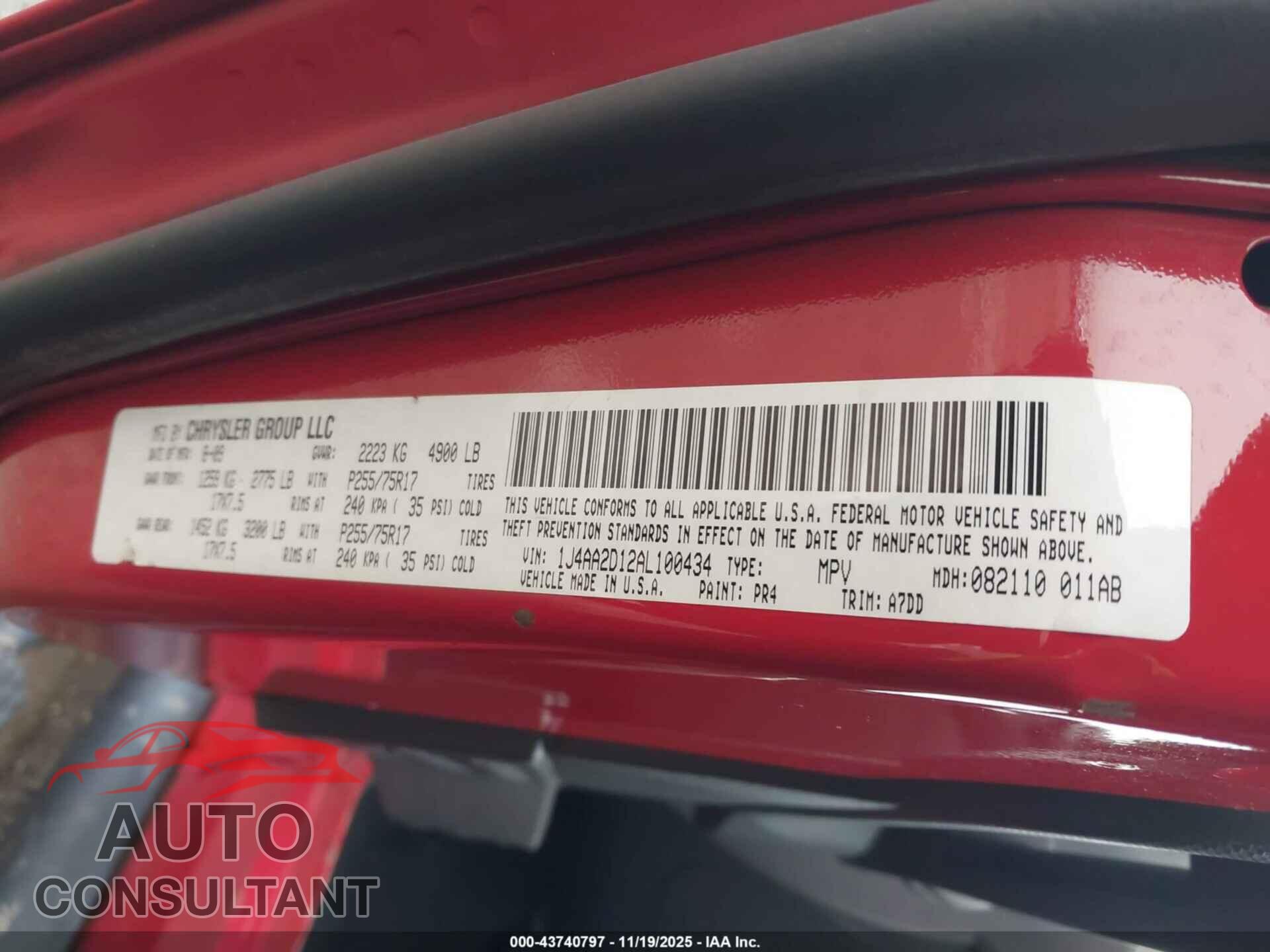 JEEP WRANGLER 2010 - 1J4AA2D12AL100434
