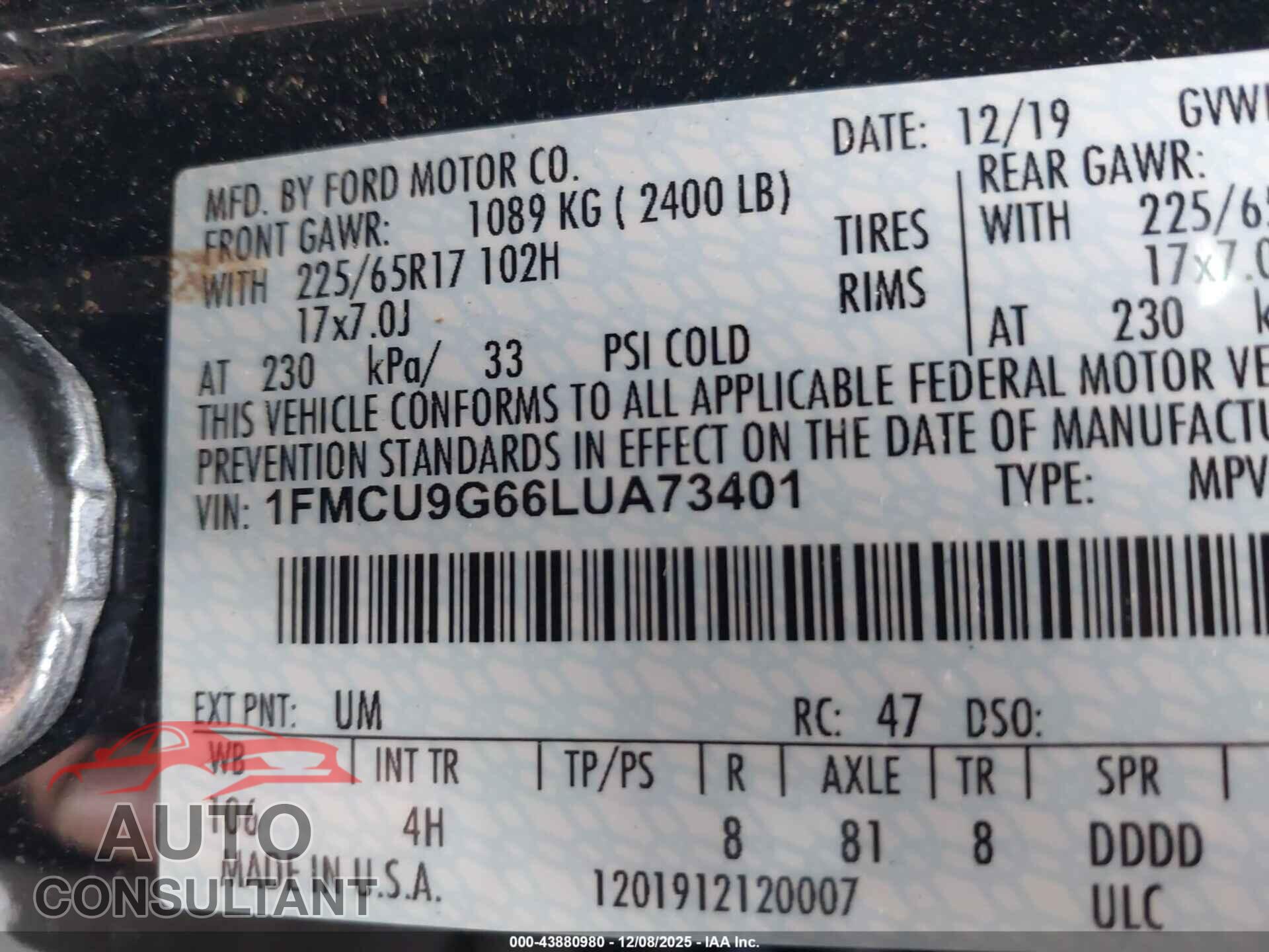 FORD ESCAPE 2020 - 1FMCU9G66LUA73401