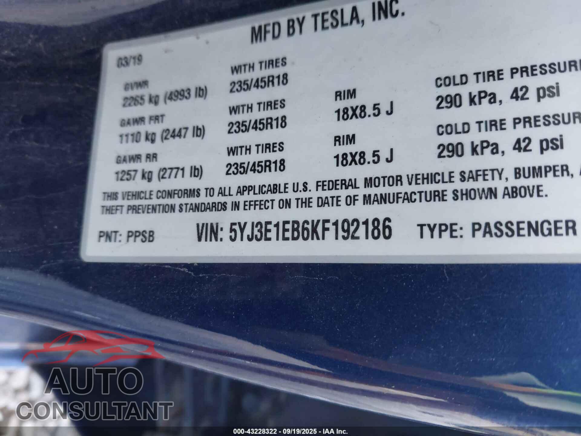TESLA MODEL 3 2019 - 5YJ3E1EB6KF192186