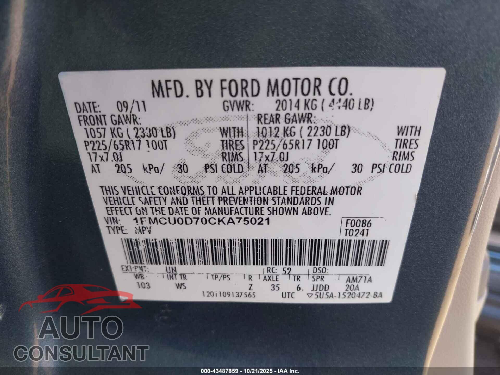 FORD ESCAPE 2012 - 1FMCU0D70CKA75021