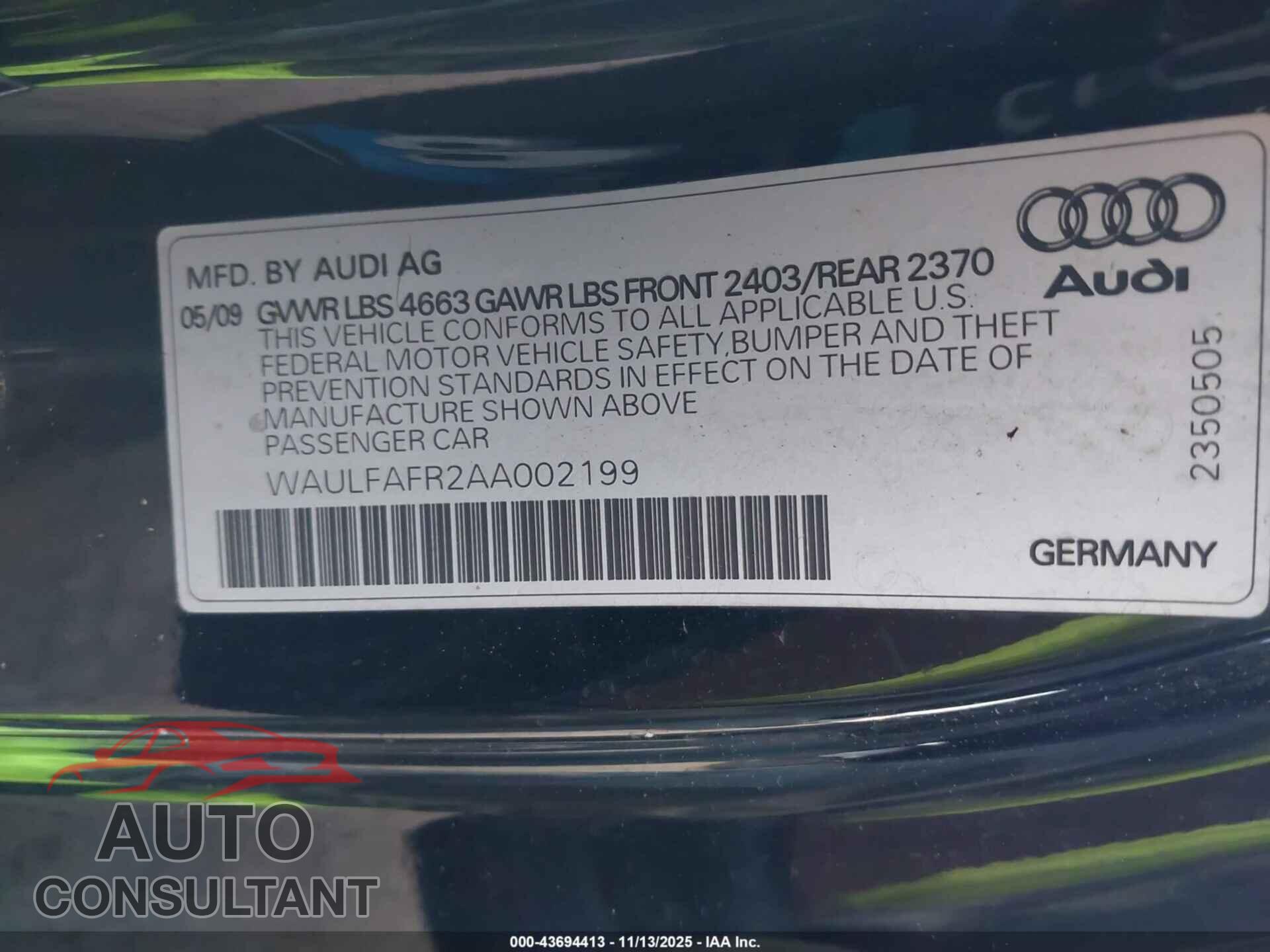AUDI A5 2010 - WAULFAFR2AA002199