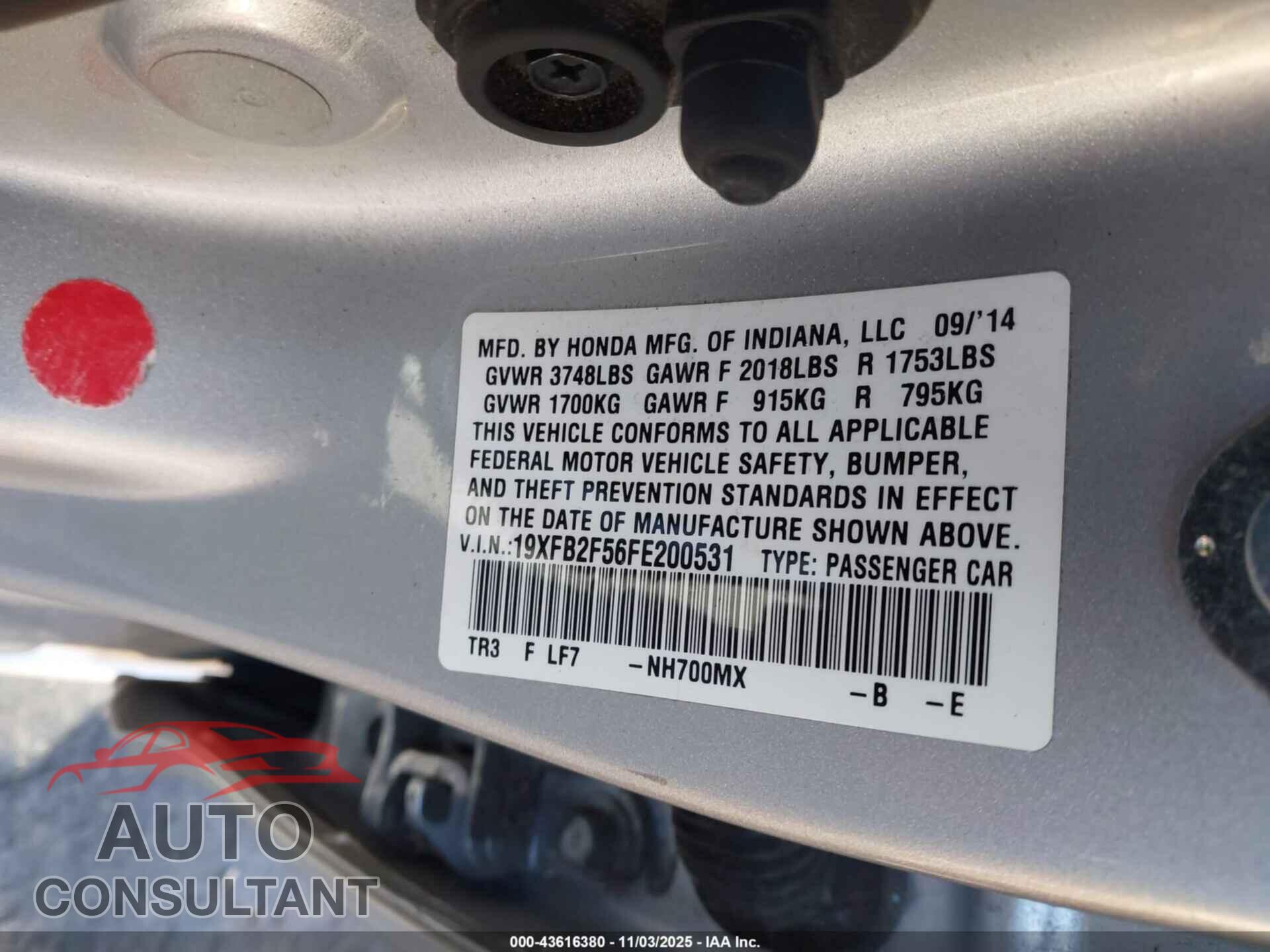 HONDA CIVIC 2015 - 19XFB2F56FE200531