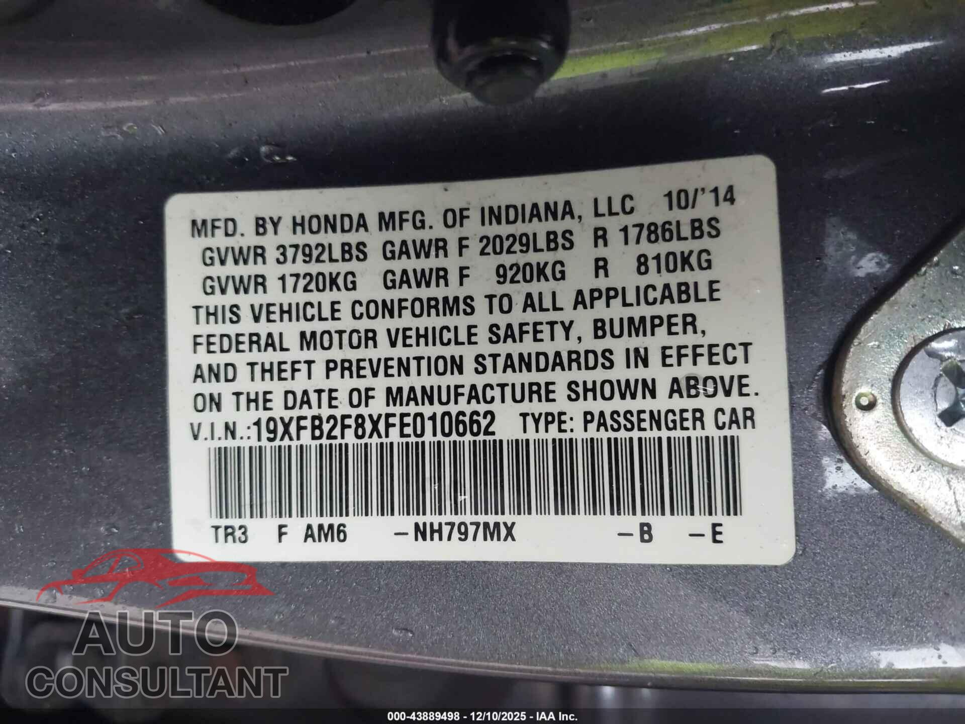 HONDA CIVIC 2015 - 19XFB2F8XFE010662