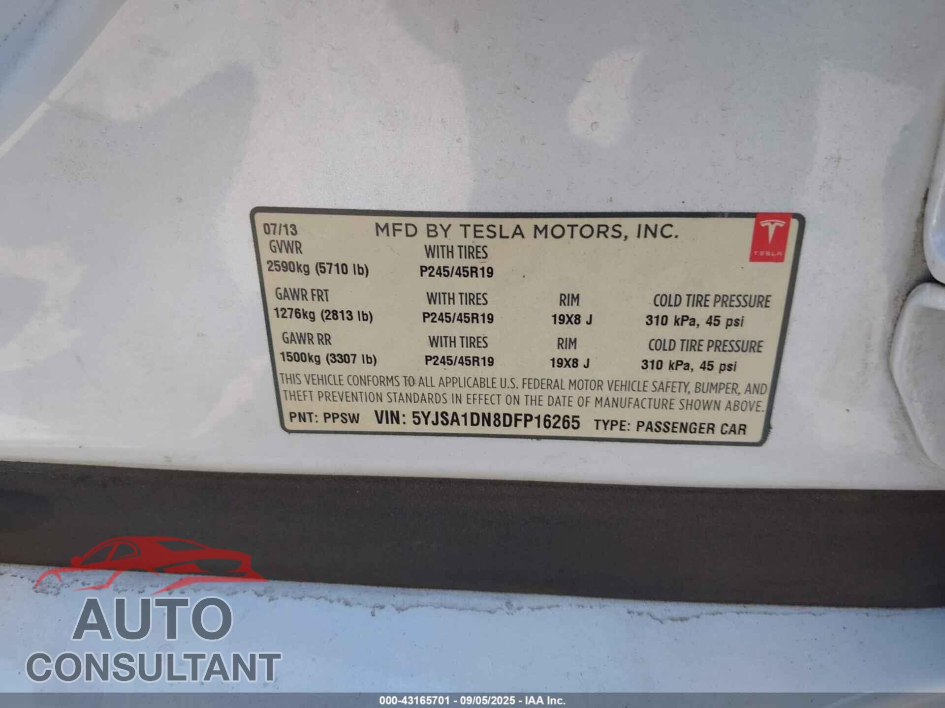 TESLA MODEL S 2013 - 5YJSA1DN8DFP16265
