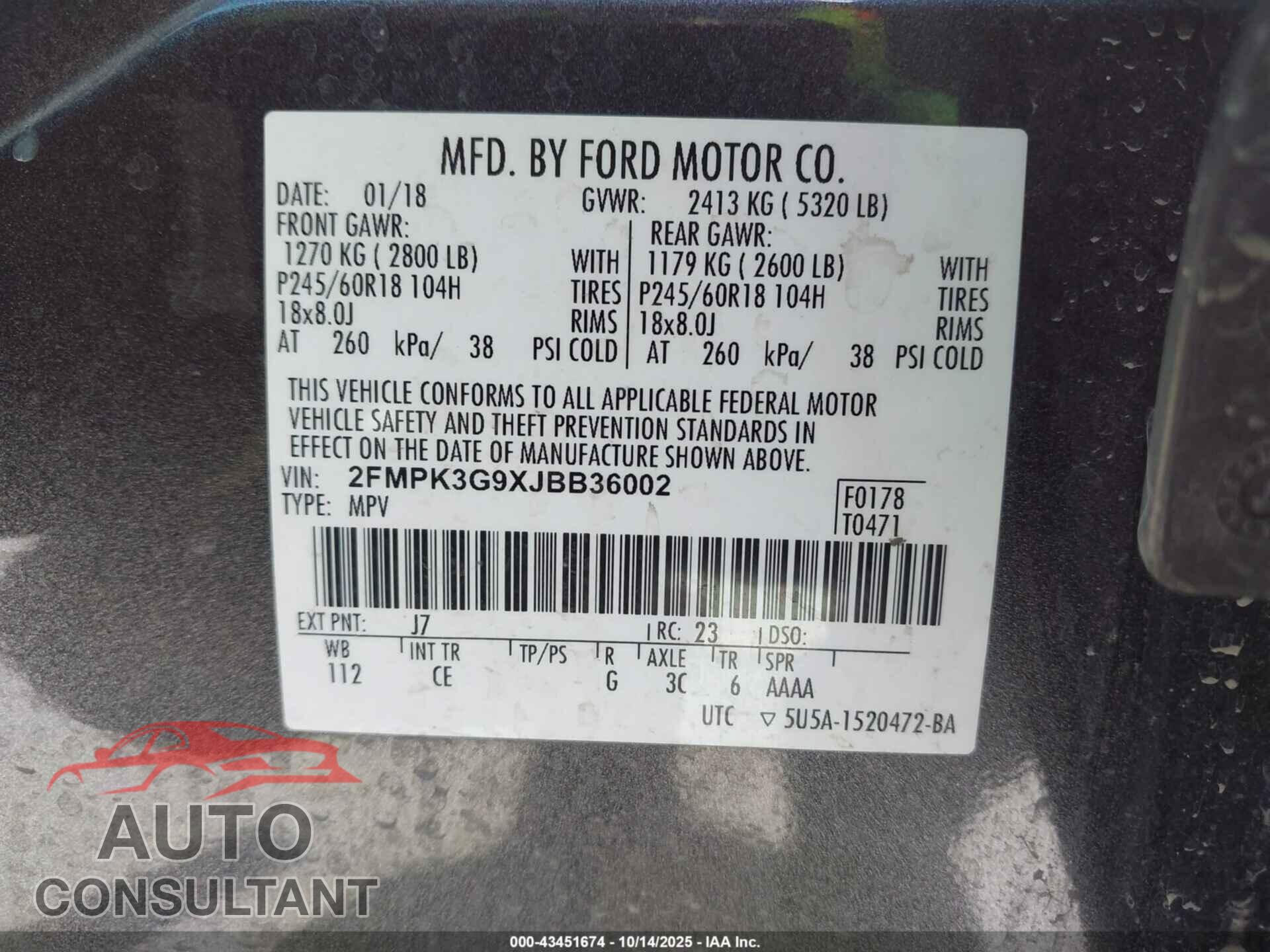 FORD EDGE 2018 - 2FMPK3G9XJBB36002