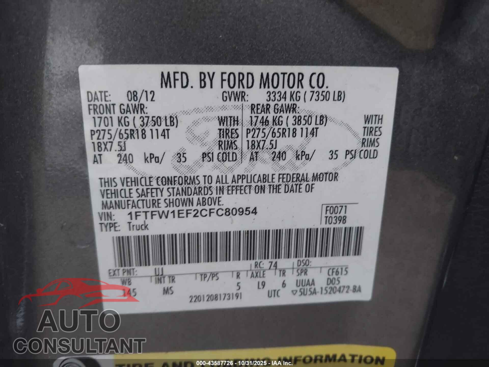 FORD F-150 2012 - 1FTFW1EF2CFC80954