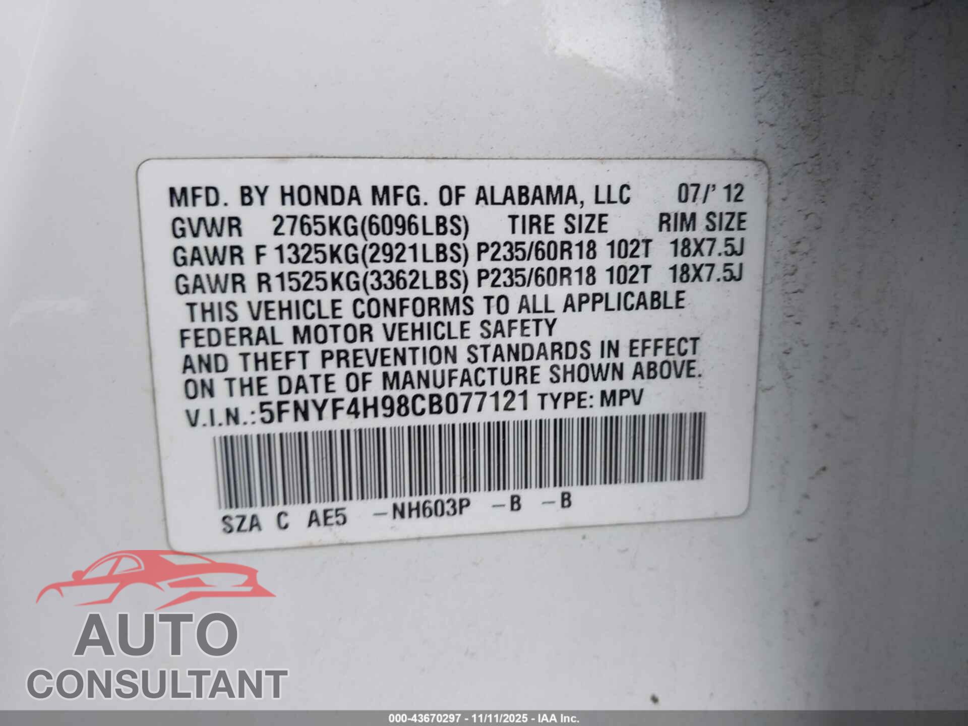 HONDA PILOT 2012 - 5FNYF4H98CB077121