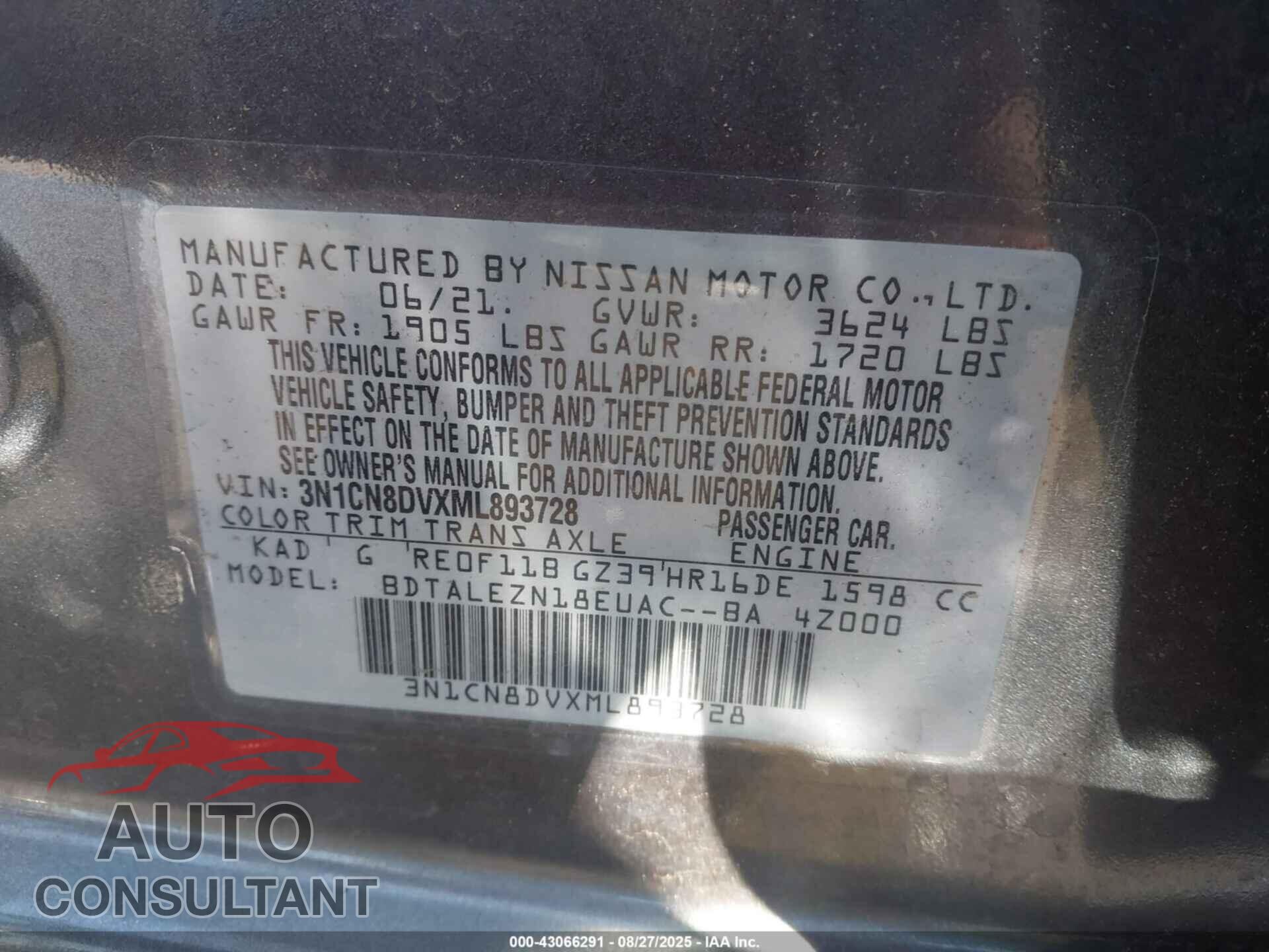 NISSAN VERSA 2021 - 3N1CN8DVXML893728